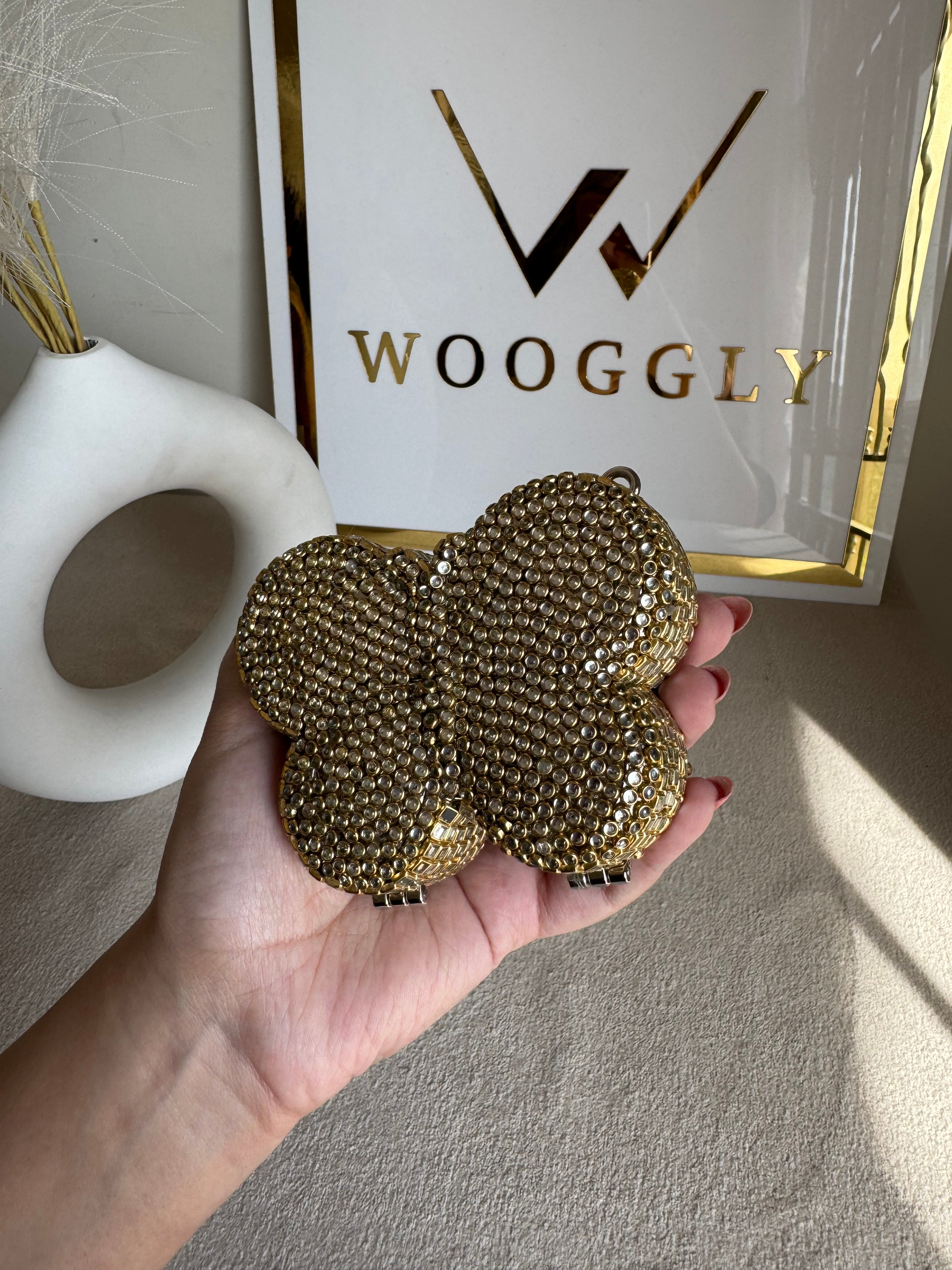 Kundan Classic Butterfly Clutch - Gold with Chain