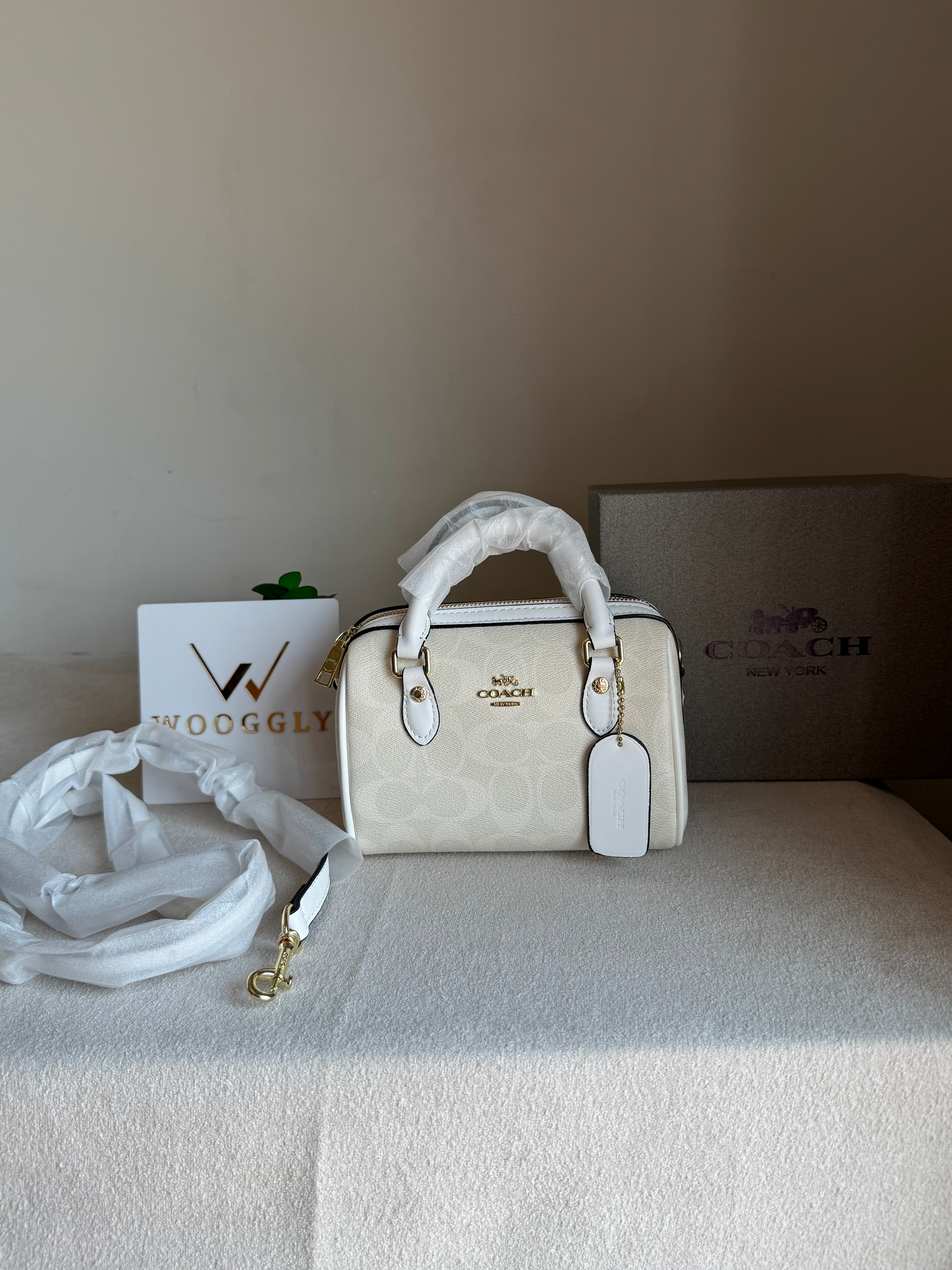 COACH Mini Duffle Bag PREMIUM with Long Strap Signature White - BOX PACKING