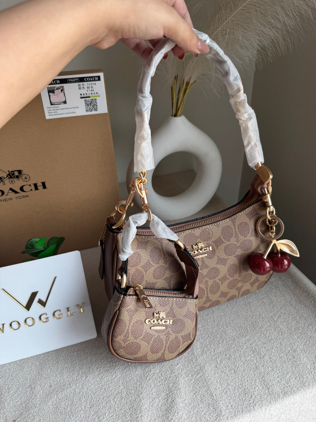 COACH Teri Gift Box with Baby Teri Charm & Coach Cherry Charm - Apricot Brown