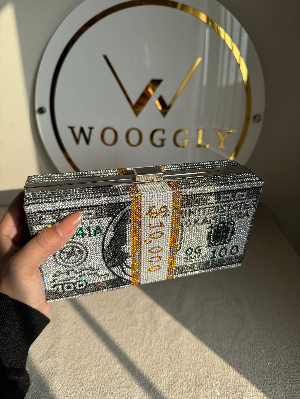 Premium Dollar Clutch - Silver with Chain