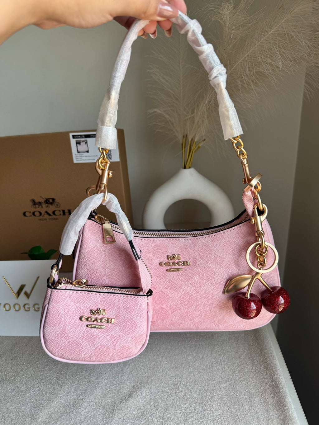 COACH Teri Gift Box with Baby Teri Charm & Coach Cherry Charm - Pink