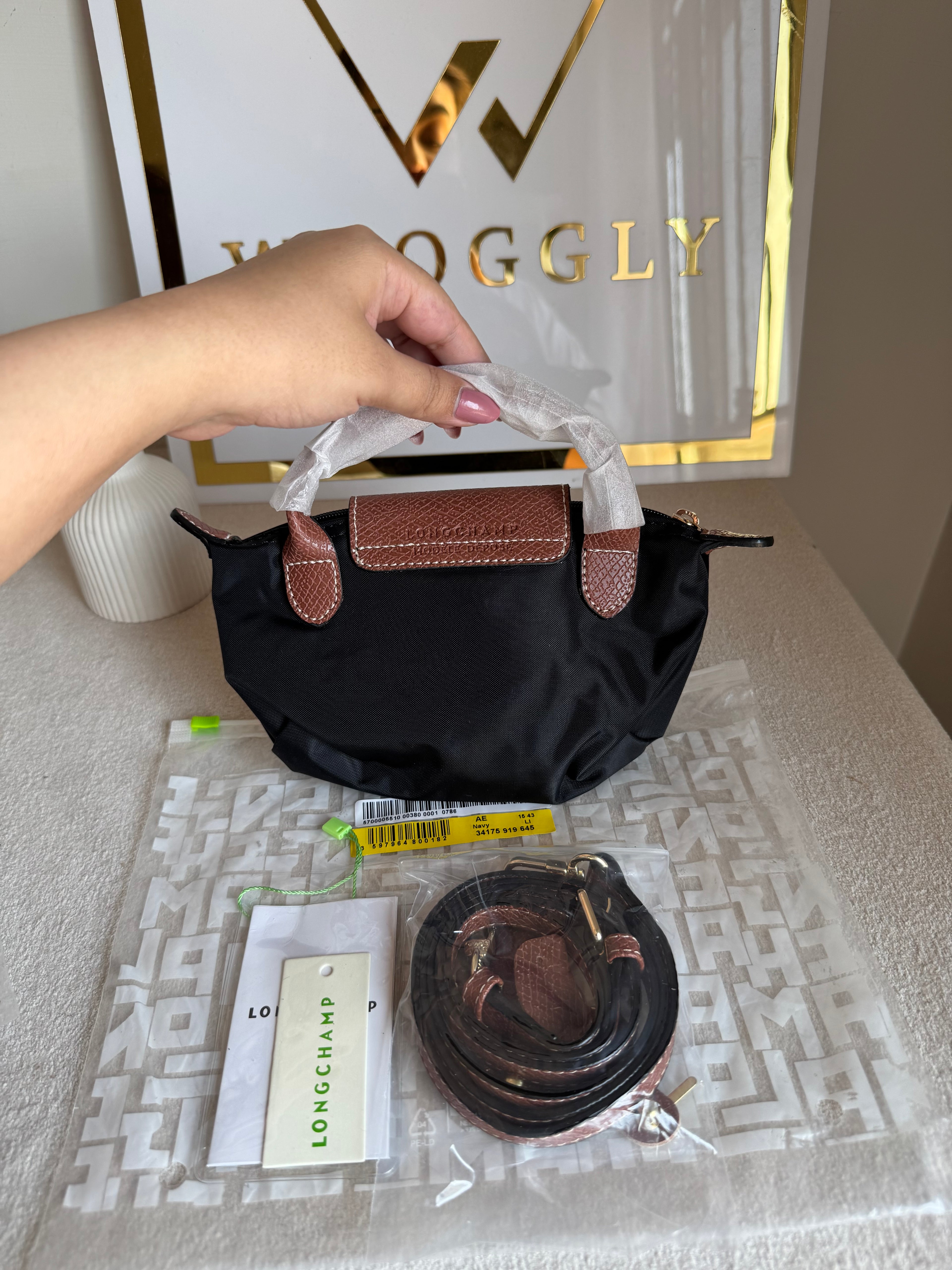 Premium LongChamp Crossbody Bag with Strap - Black (WITH BRAND LOGO)