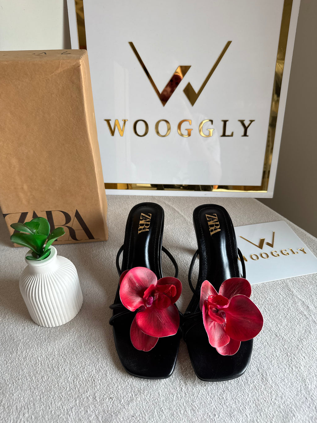 Zara Flower Heels BLACK WITH RED with Brand Box
