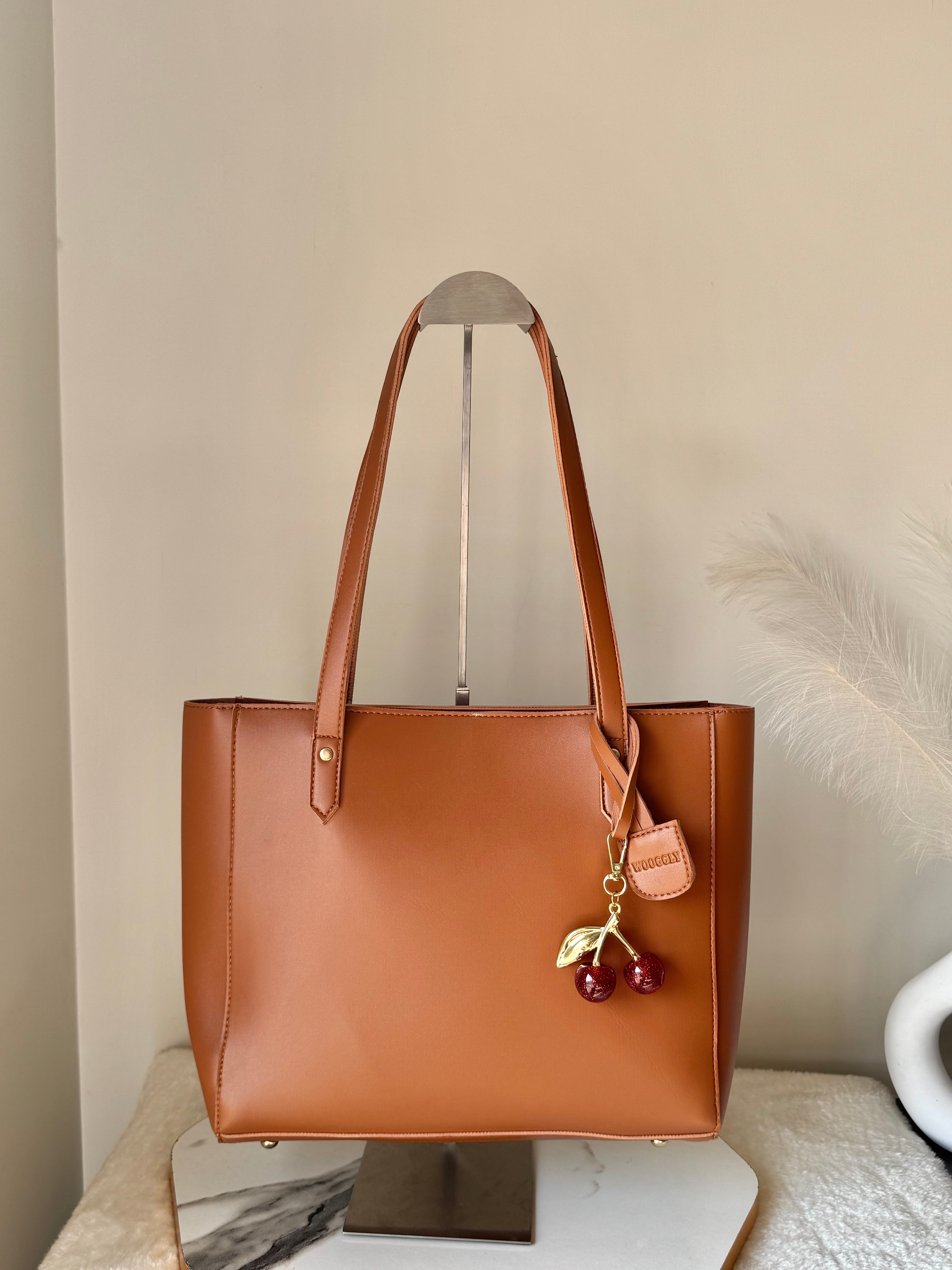 Wooggly Signature Tote Bag with Cherry Charm - Light Brown