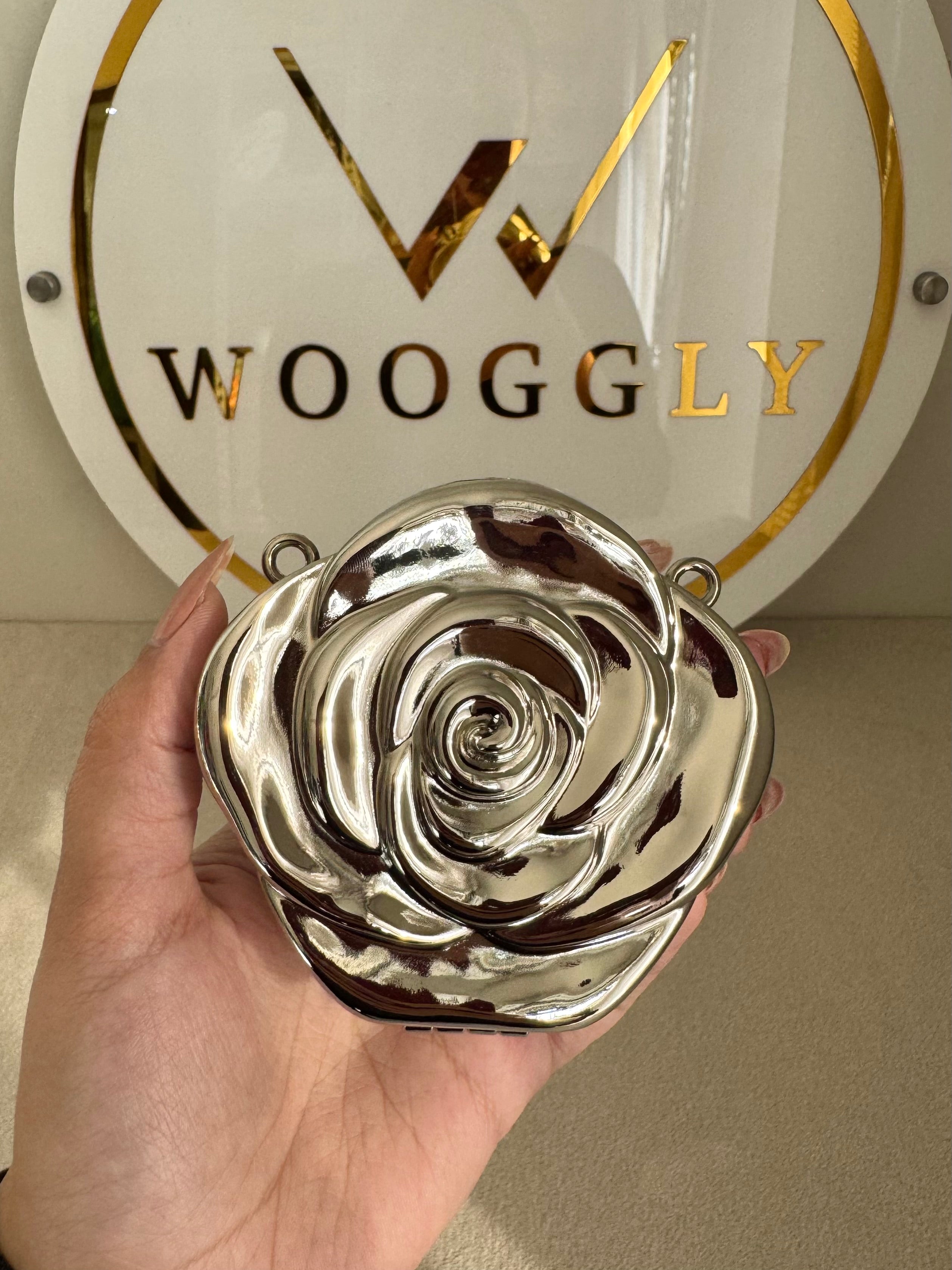 Metallic Rose Clutch with Chain - Mini Silver