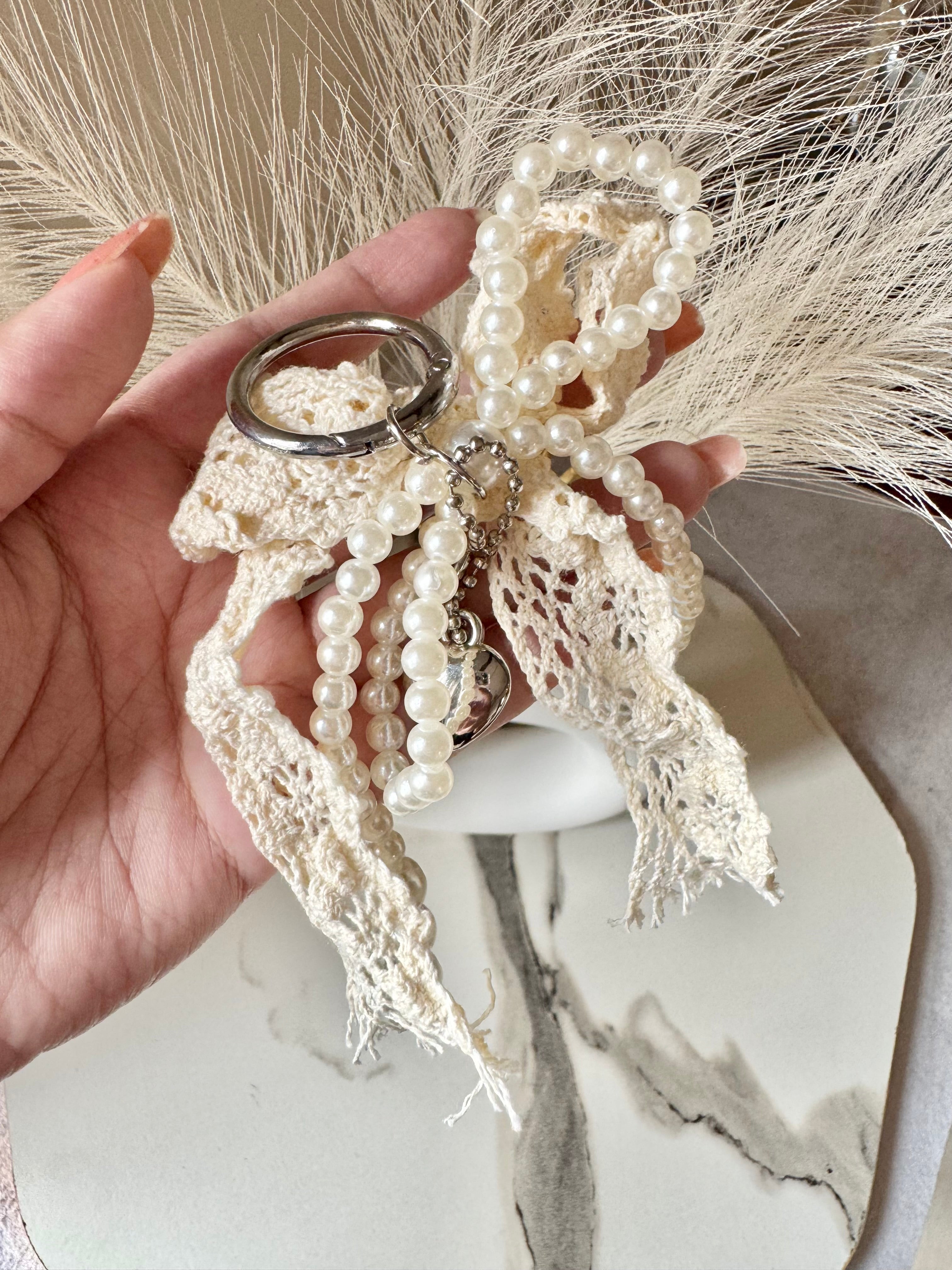 Pearl Heart Bow Bag Charm