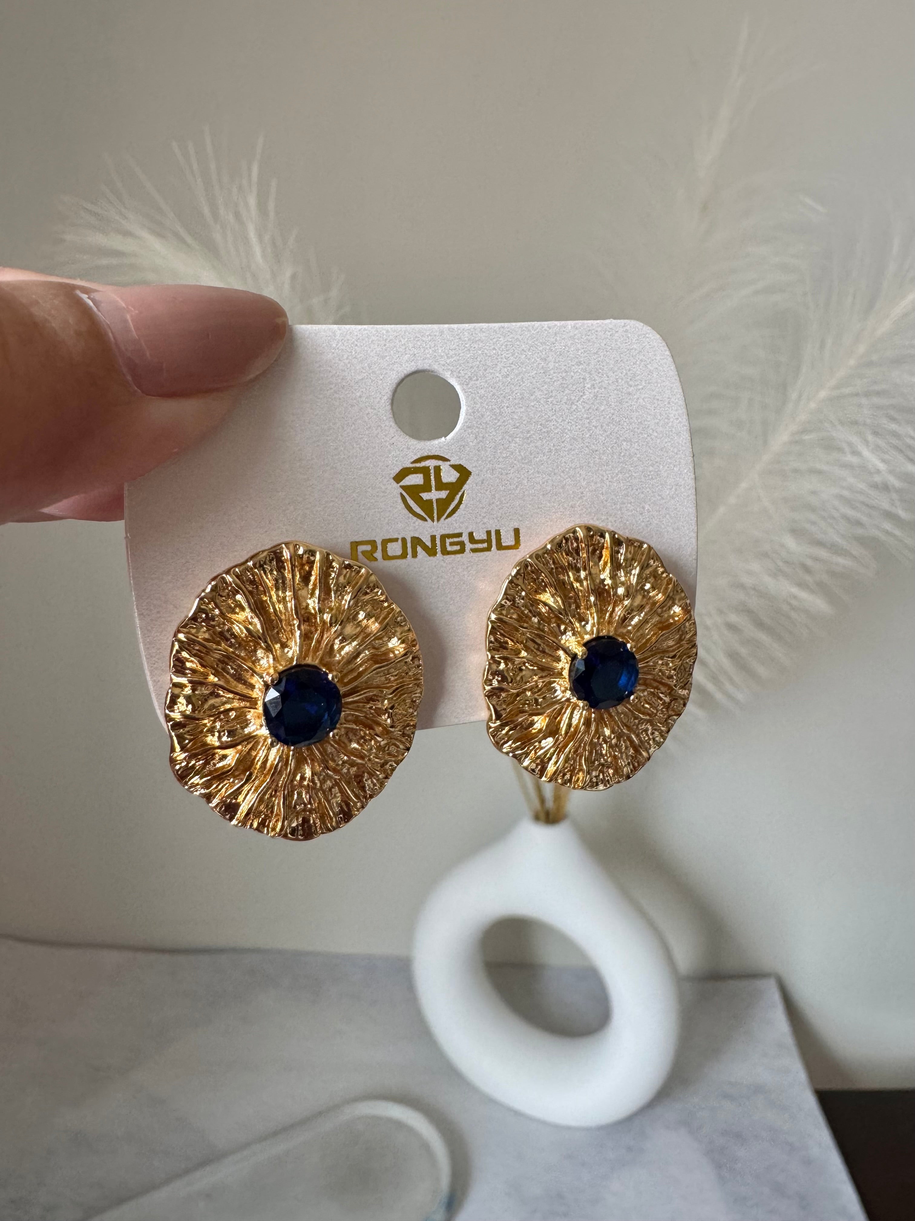 Deep Blue Bloom Earrings - 18K Gold Plated