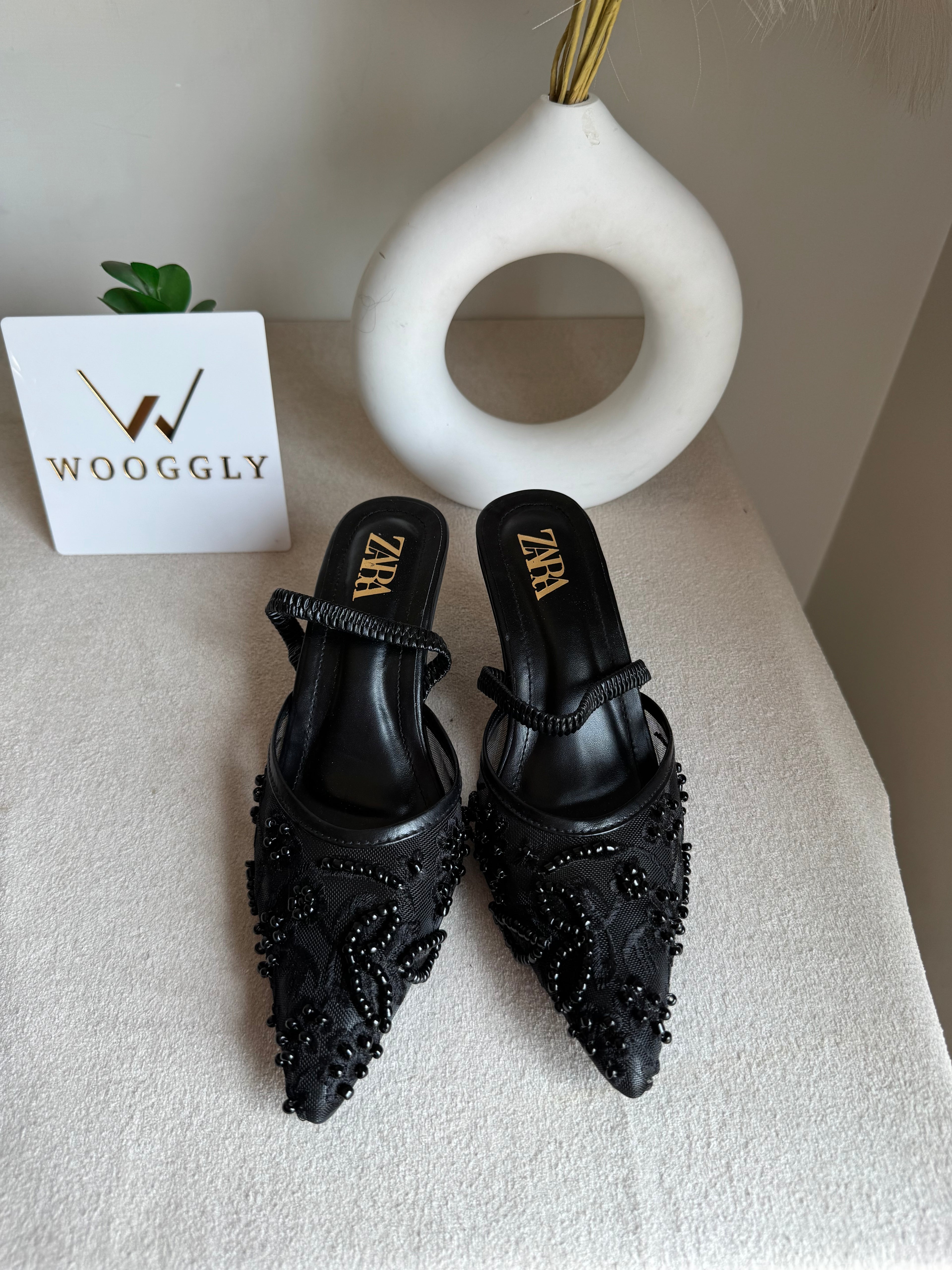 Zara Embroidered Net Heels - Black