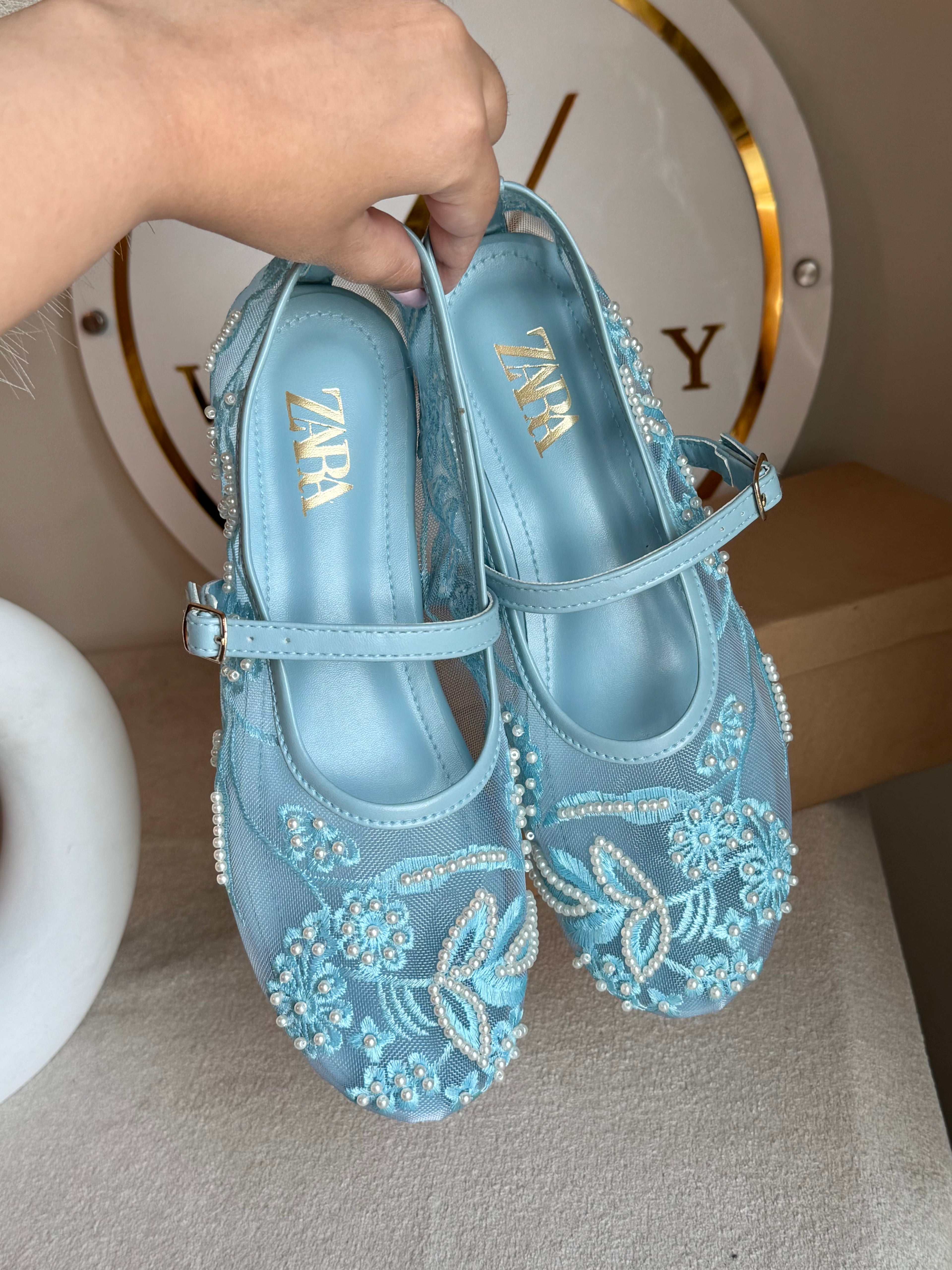 Zara Embroided Net Pumps - Baby Blue