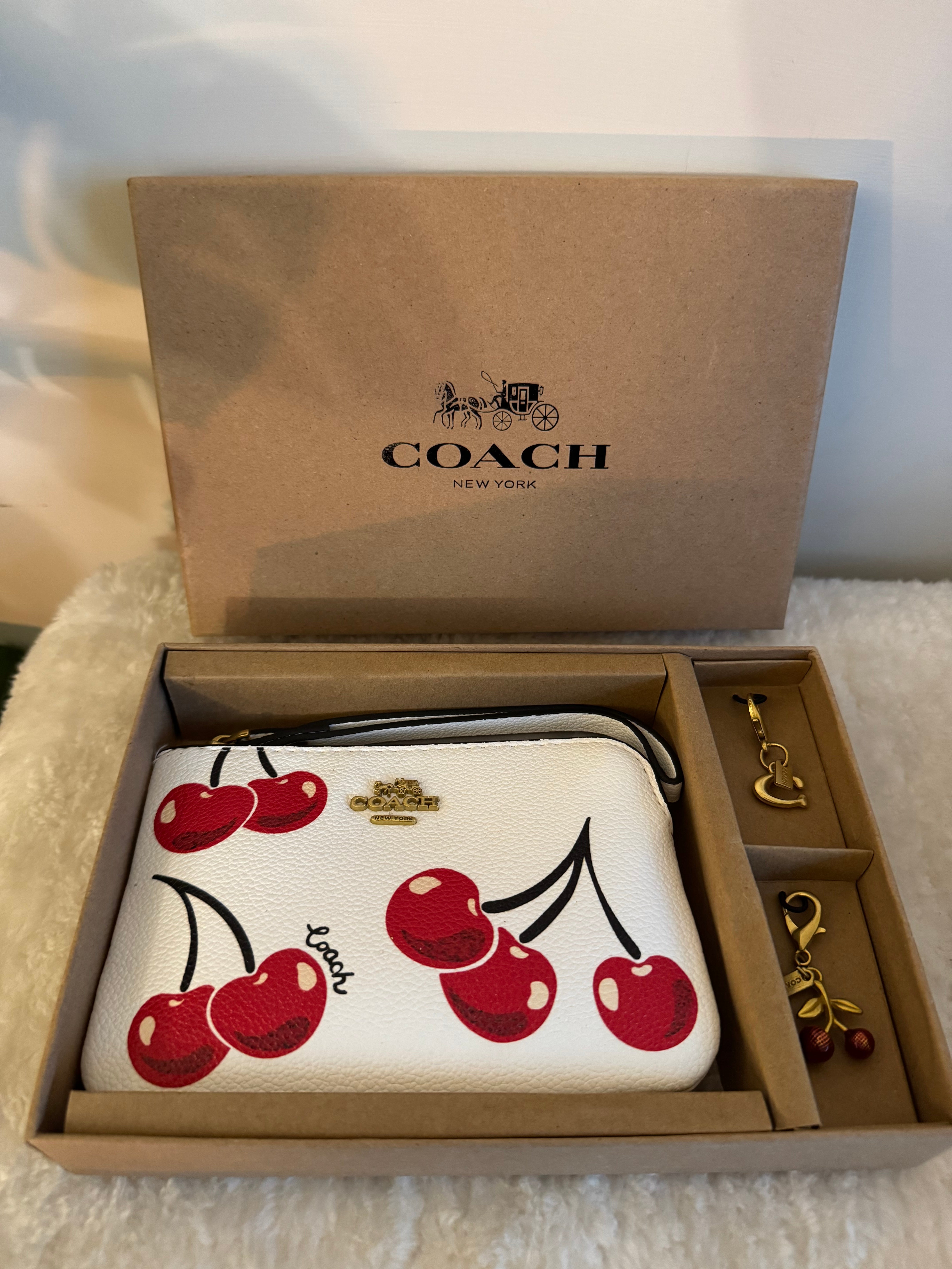 Coach Wristlet Wallet with 2 Charms Gift Set - White Big Cherry