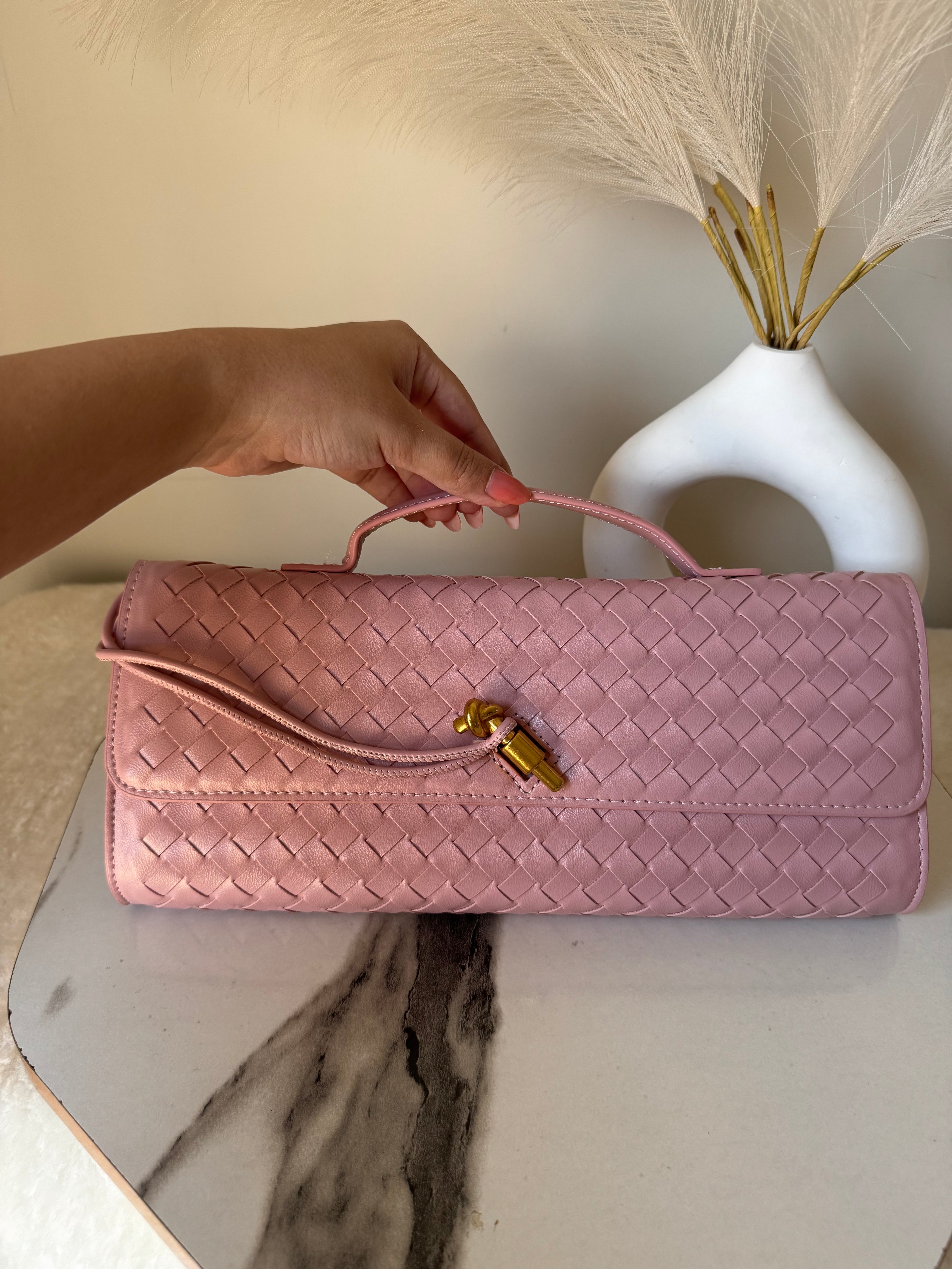 Bottega Veneta Inspired Clutch (Pink) with Long Strap