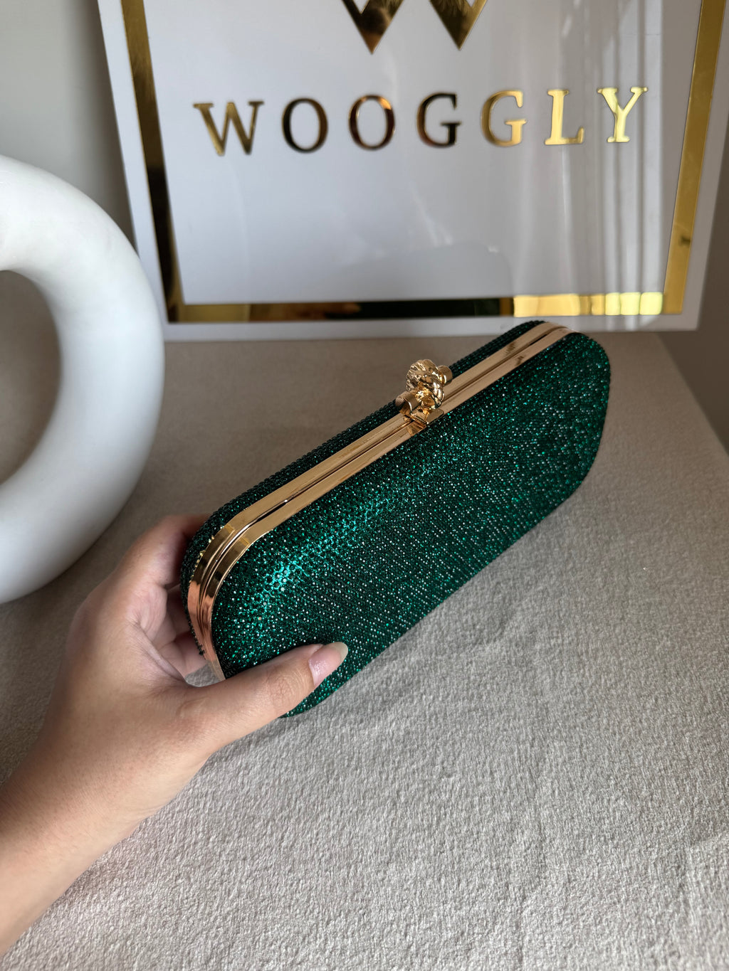 Bottega Shimmer Clutch - Green with Chain