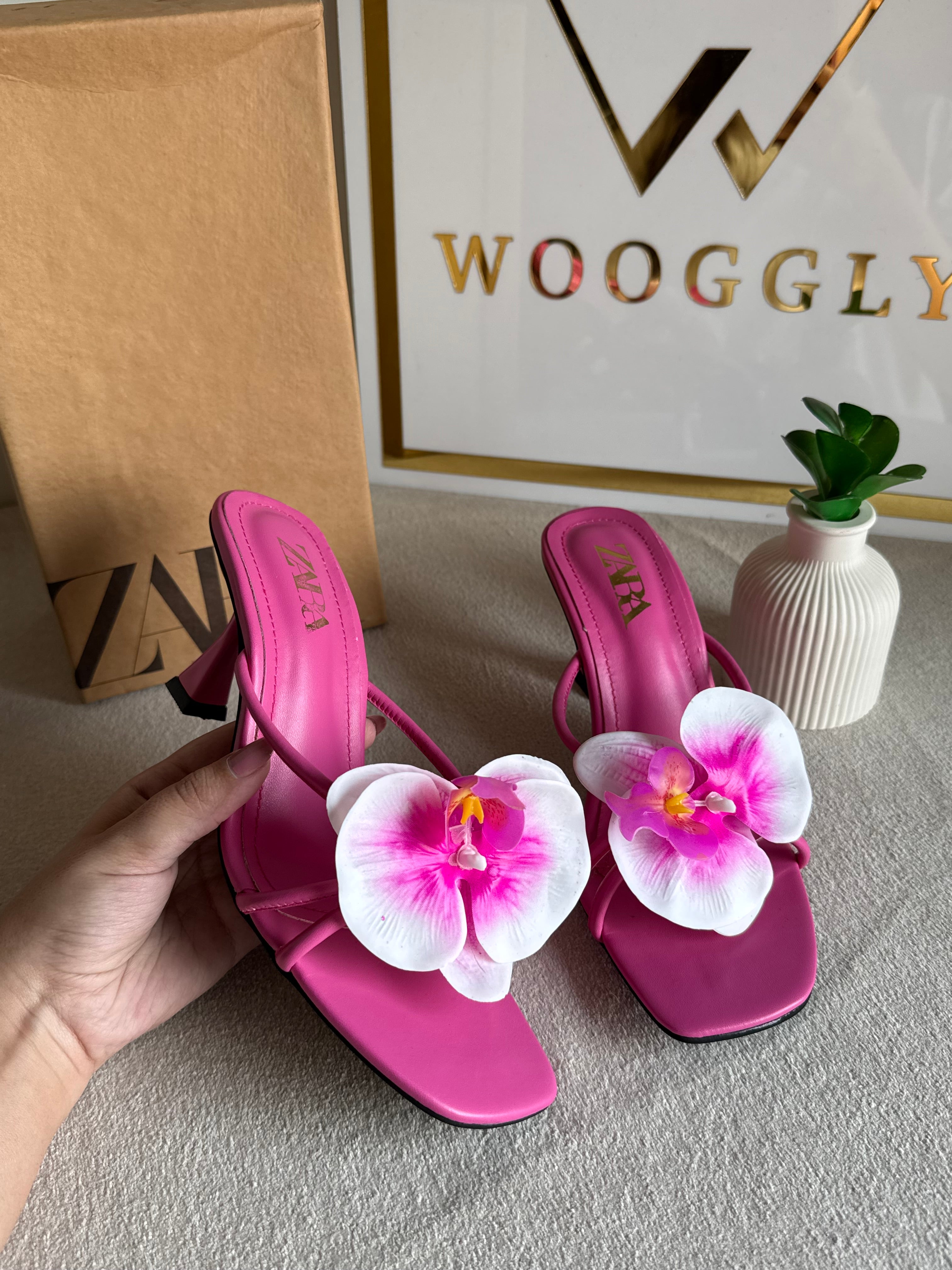 Zara Flower Heels HOT PINK - with Brand Box