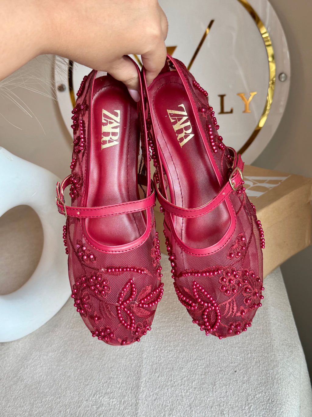 Zara Embroided Net Pumps - Maroon