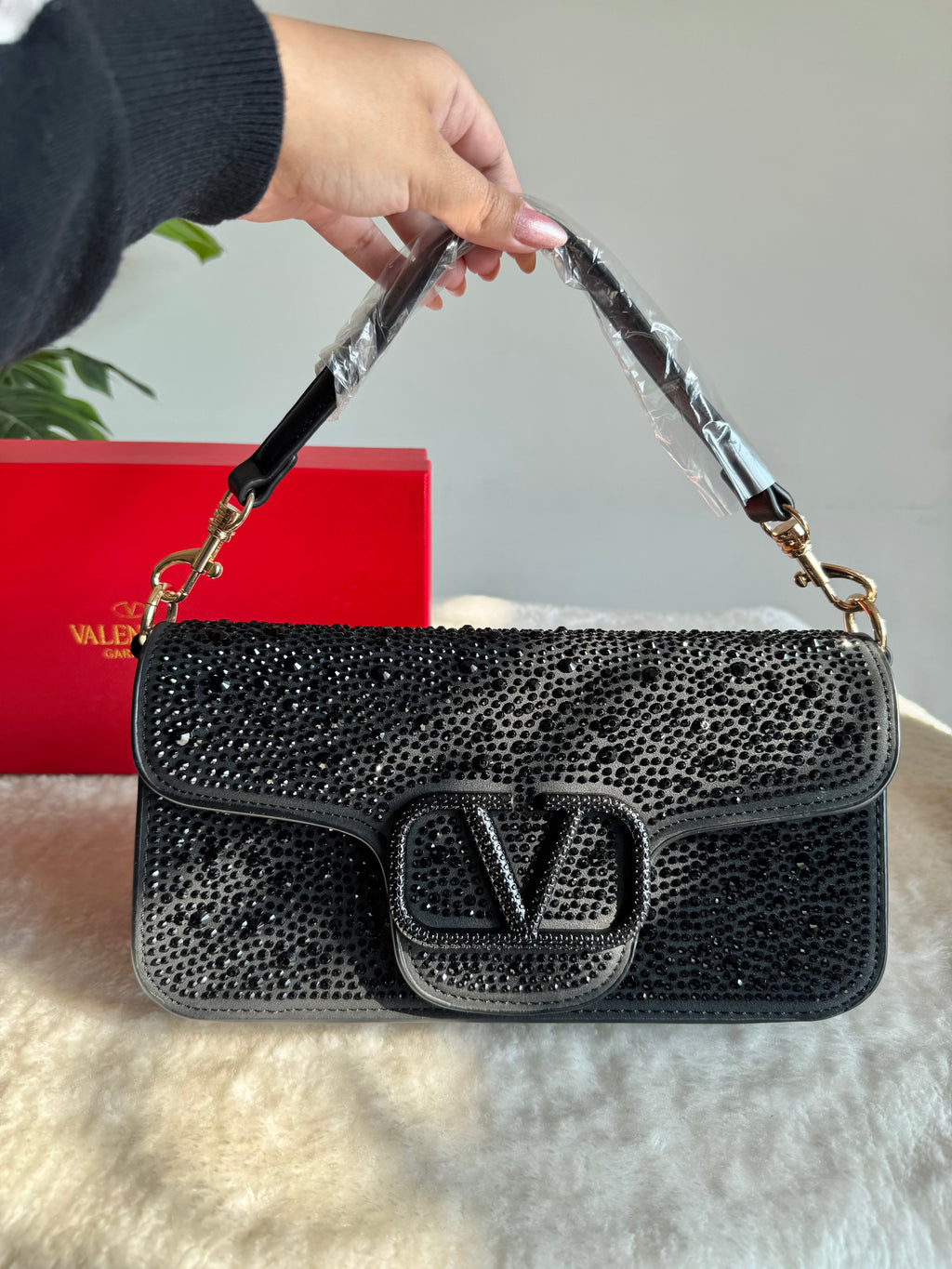 Valentino Loco Rhinestone PREMIUM Handbag with Box Packing - Black