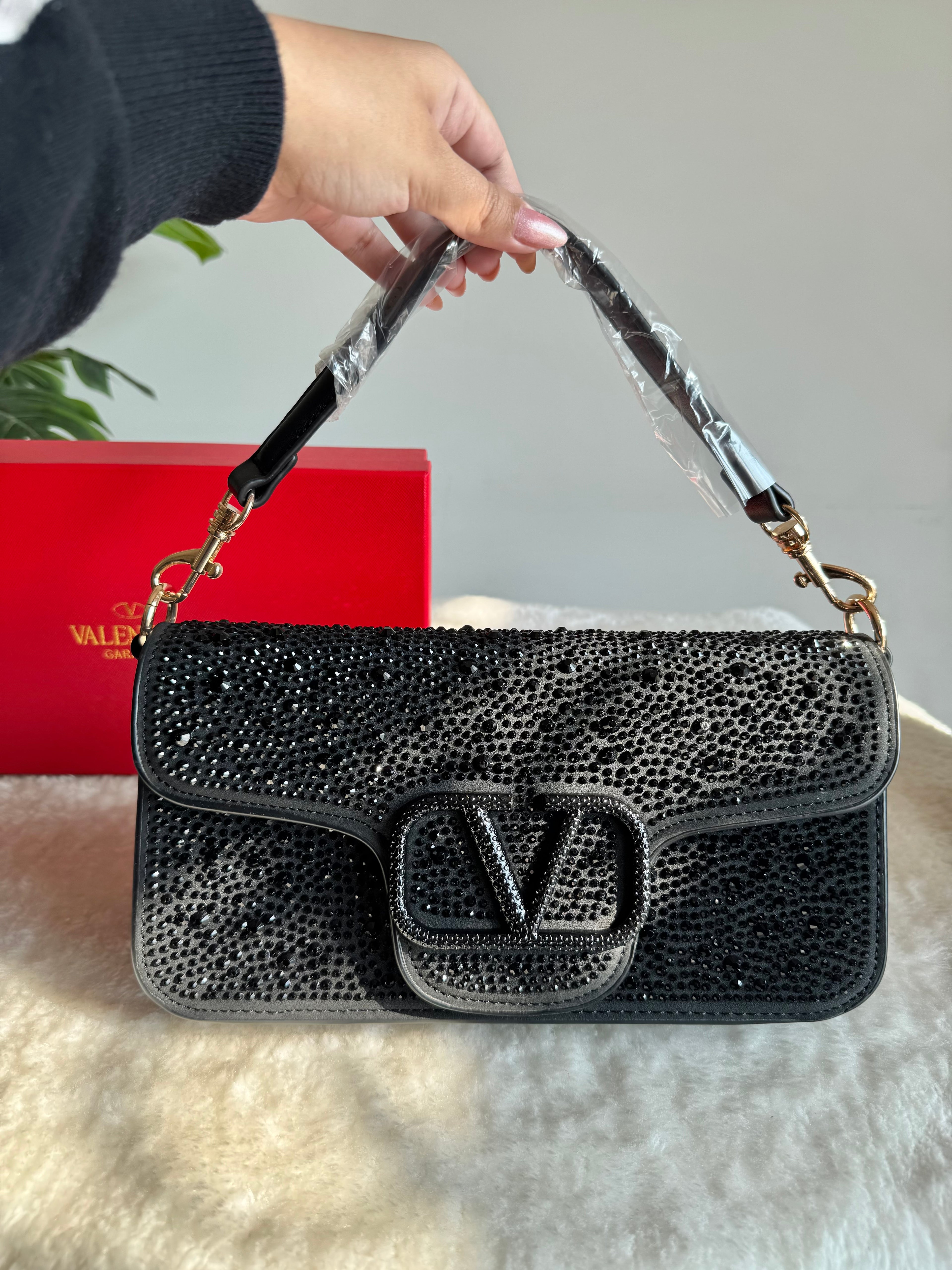 Valentino Loco Rhinestone PREMIUM Handbag with Box Packing - Black