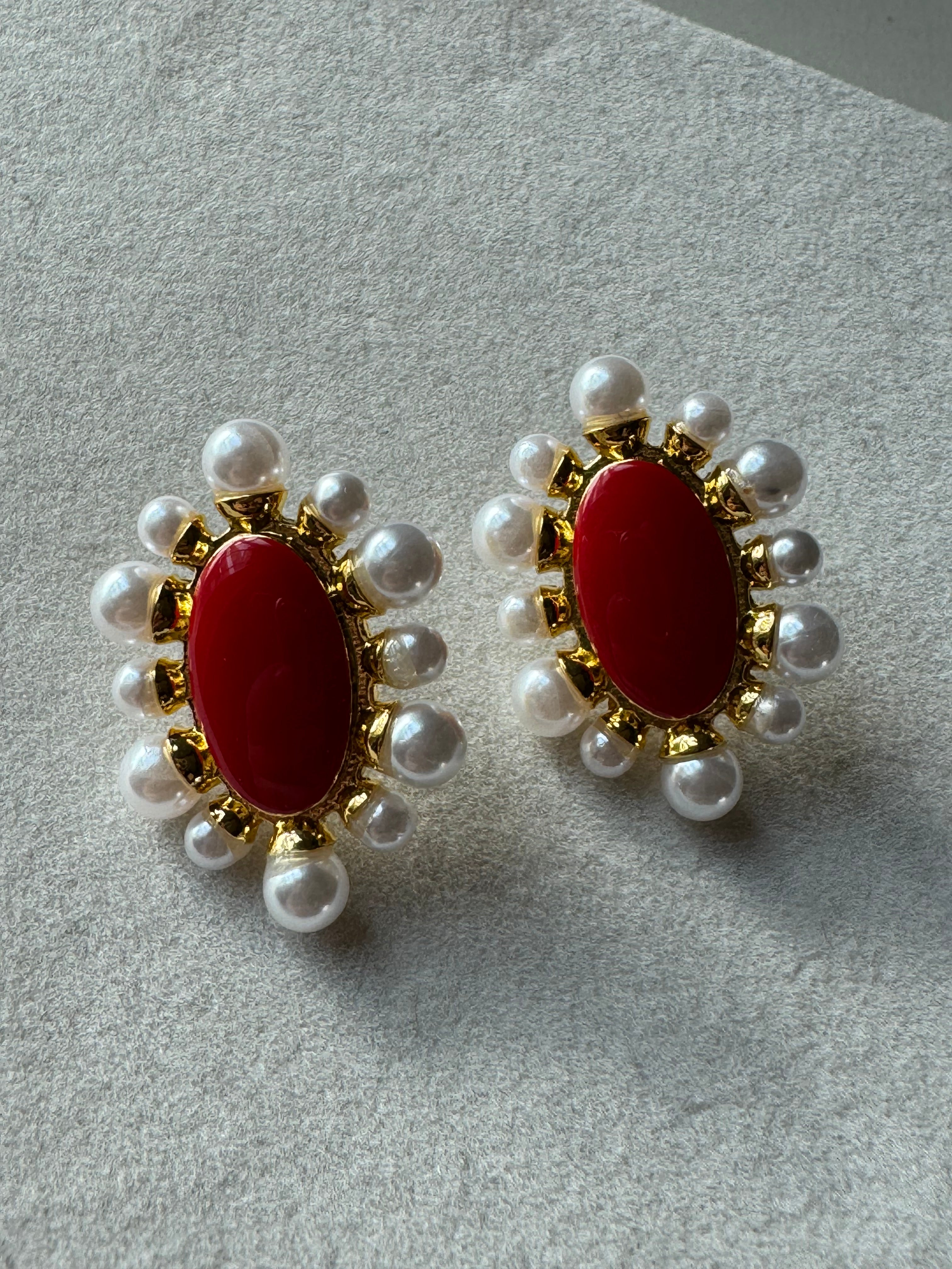 Lunar Essense Studs - Red & Pearls