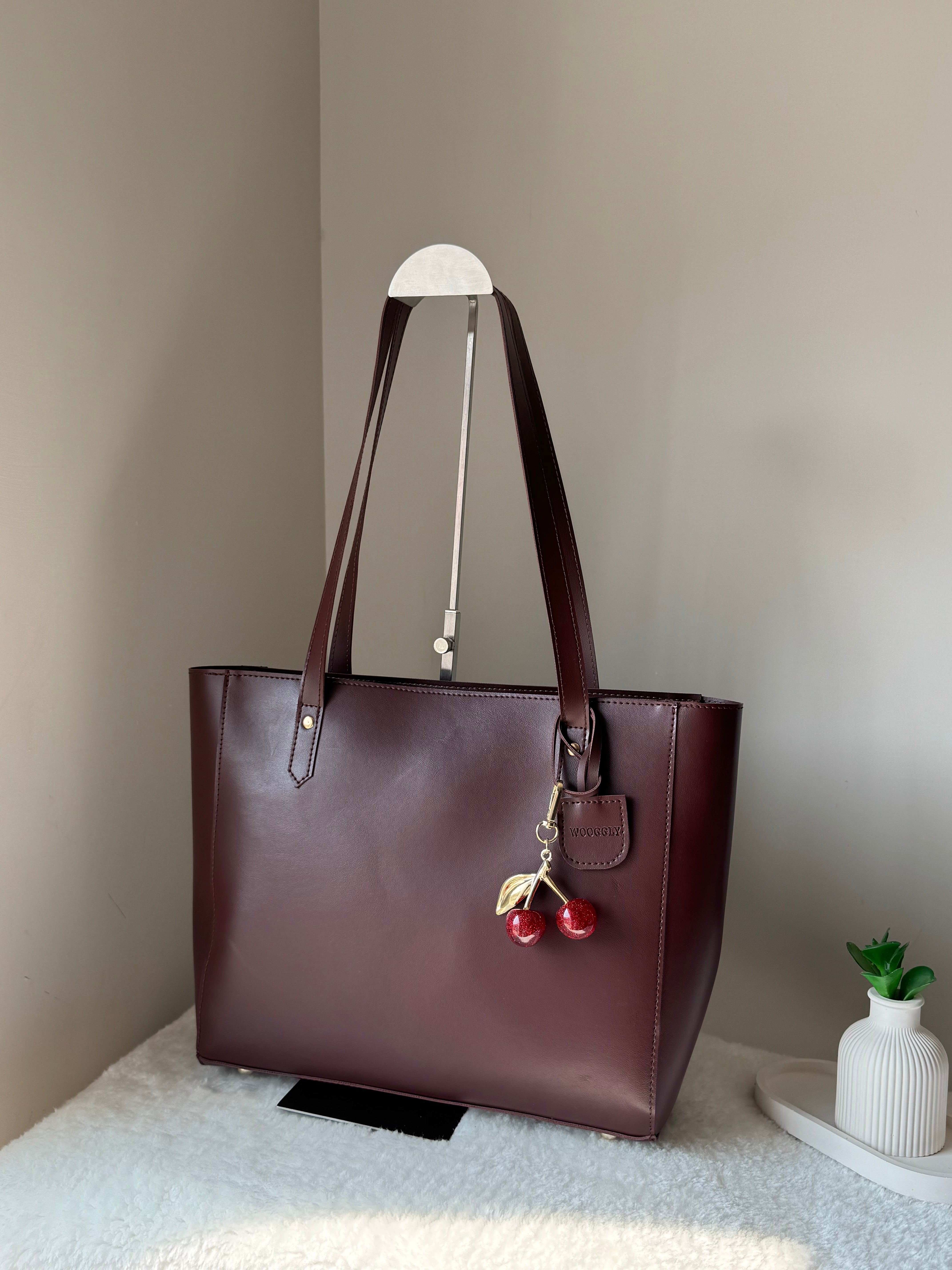 Wooggly Signature Tote Bag with Cherry Charm - Chocolate Brown