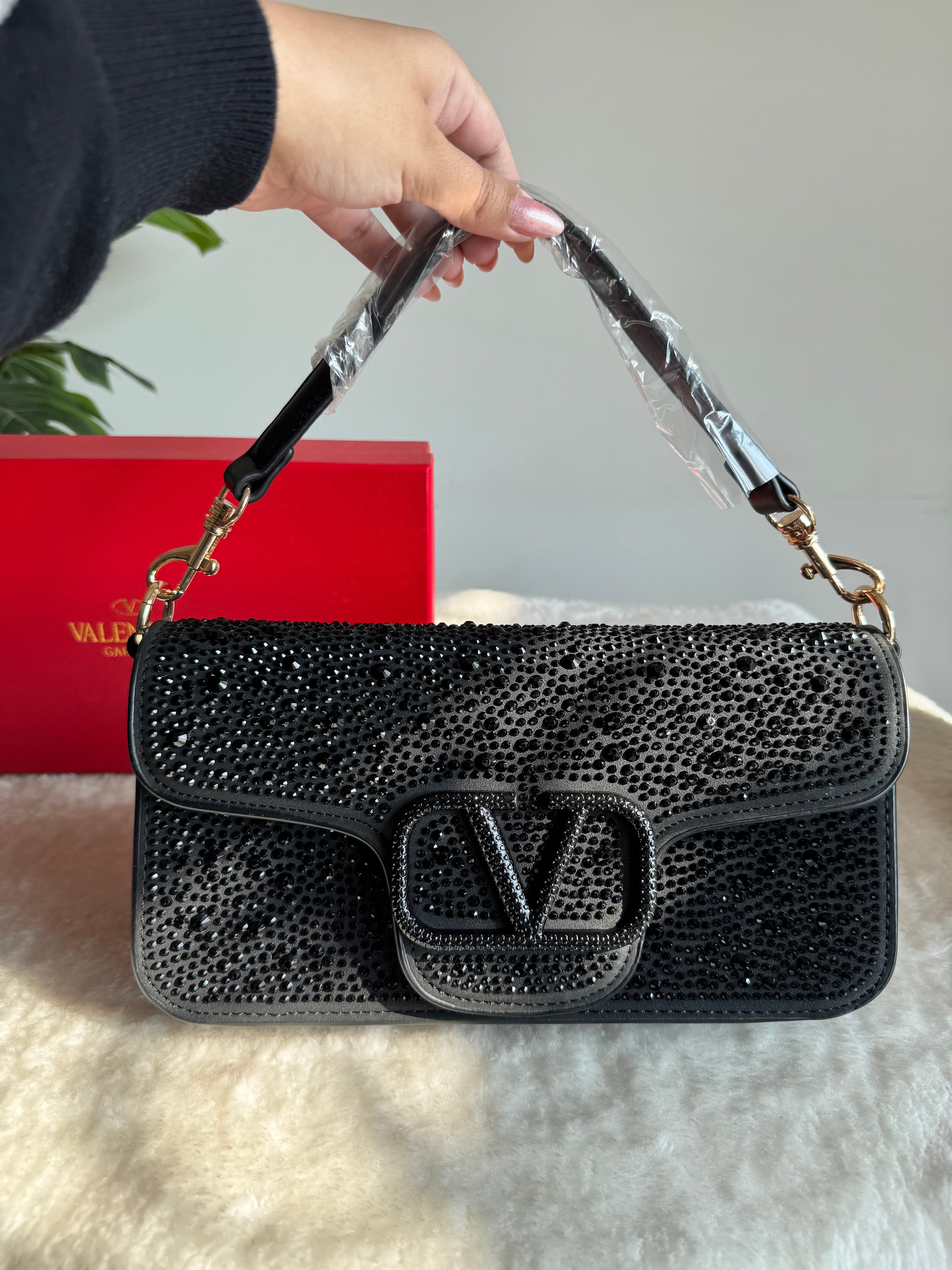 Valentino Loco Rhinestone PREMIUM Handbag with Box Packing - Black