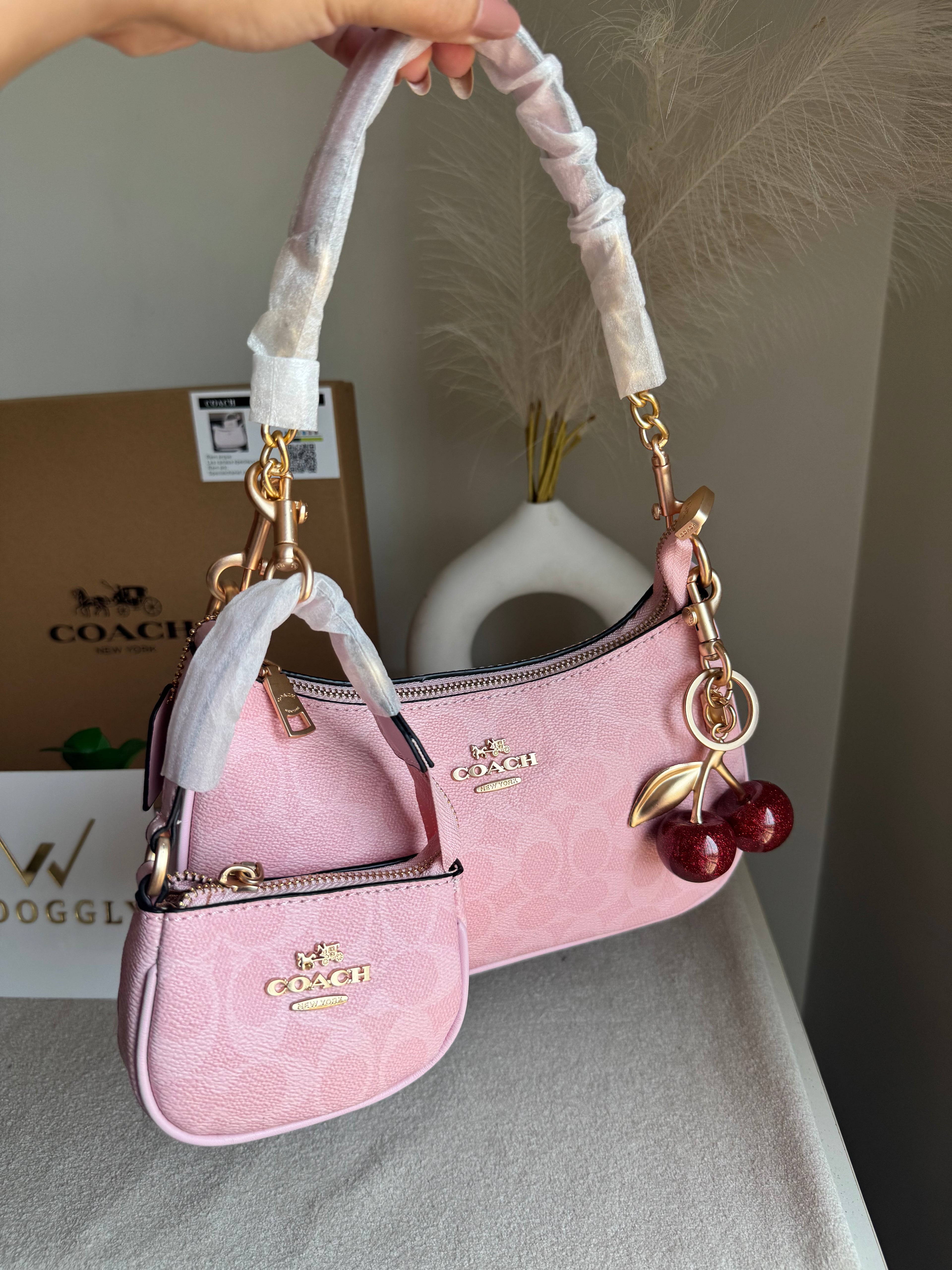 COACH Teri Gift Box with Baby Teri Charm & Coach Cherry Charm - Pink