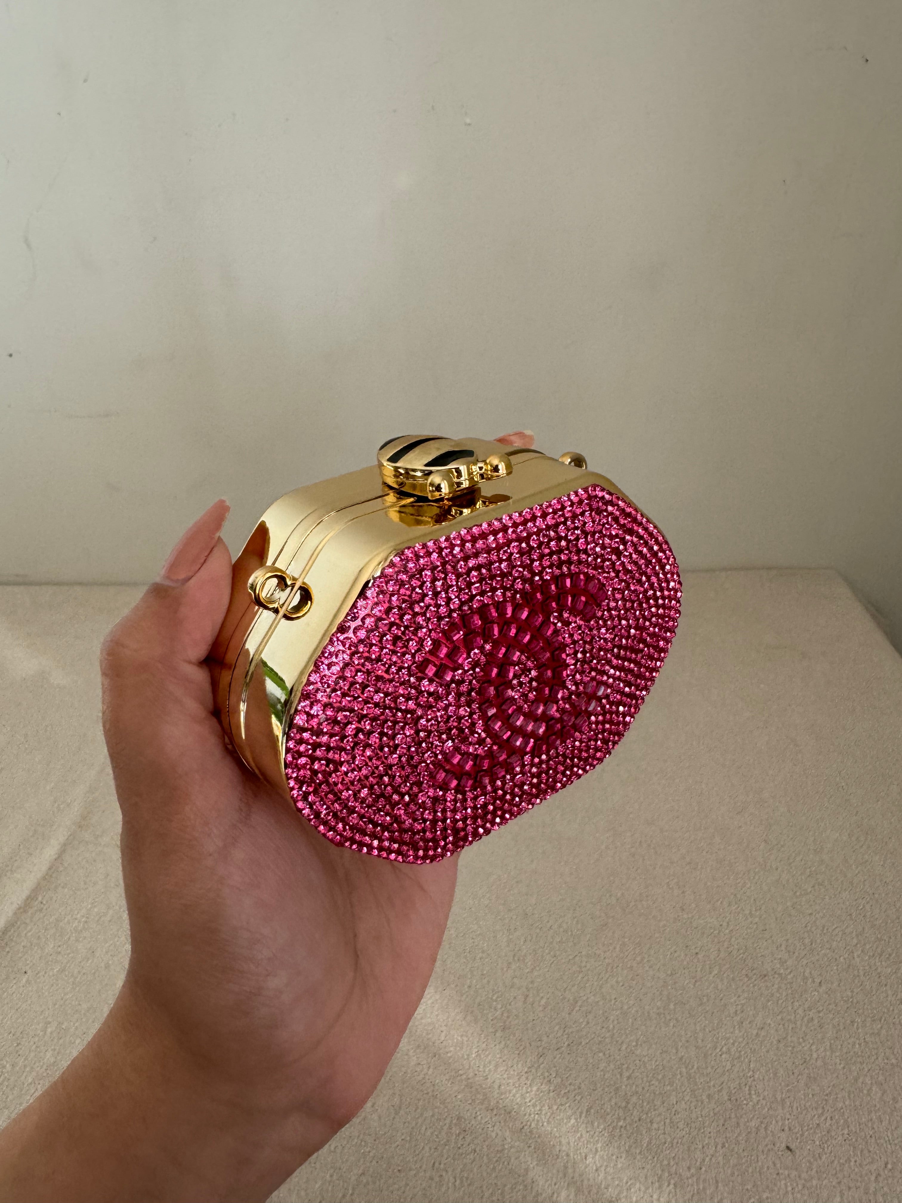 Mini Chanel Embellished Clutch with Chain - Pink & Gold