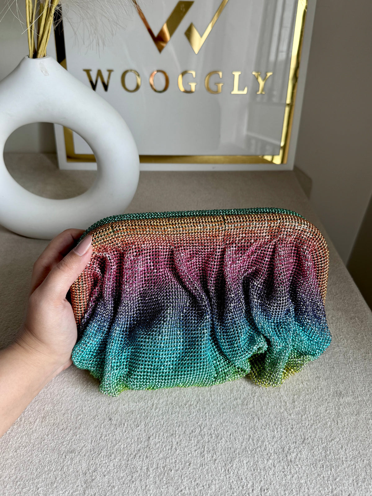 Viral High Quality Rhinestone Clutch with Chain - Rainbow Ombre
