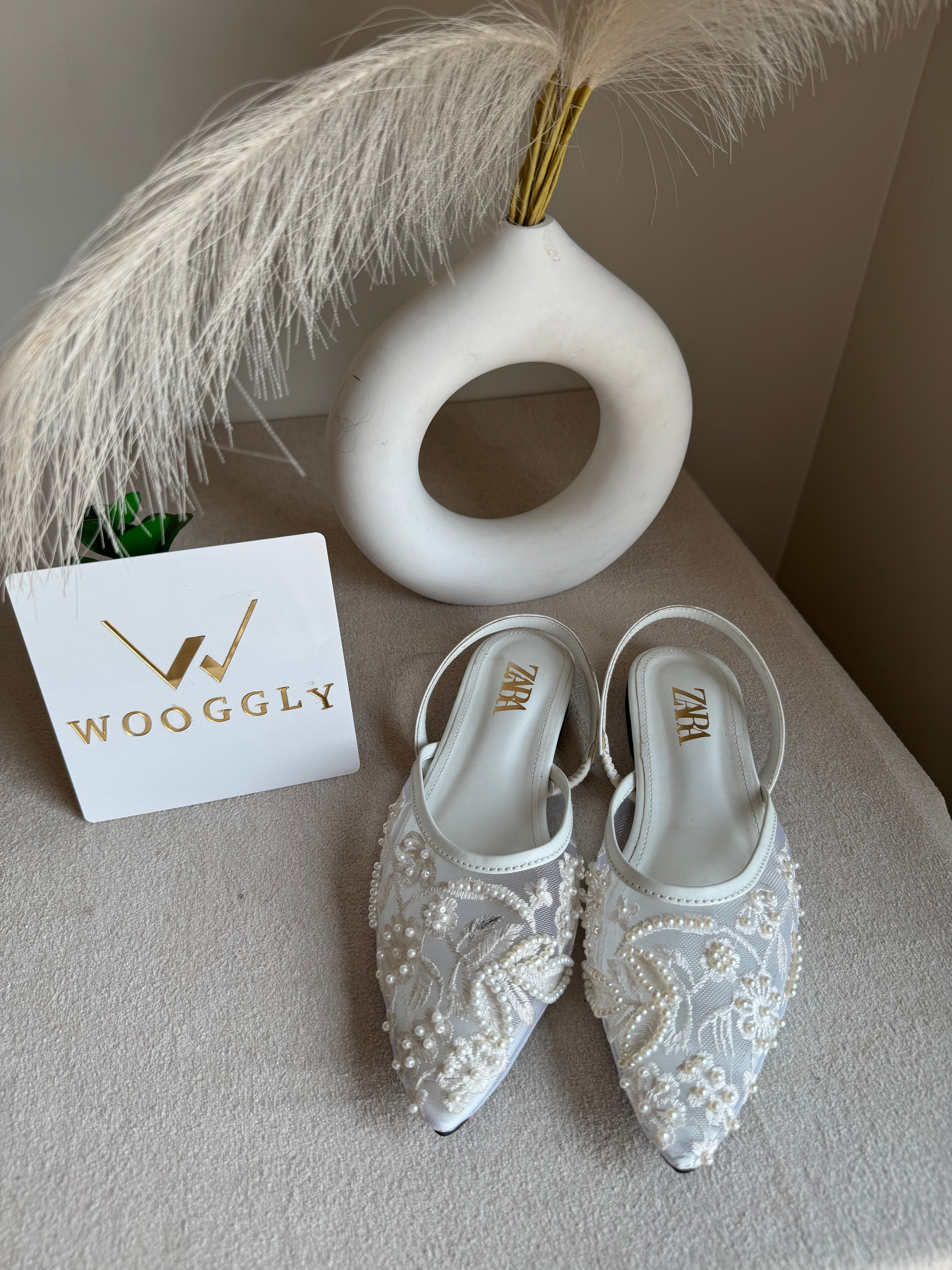 Zara Embroidered Mesh Slingback Flats  - White