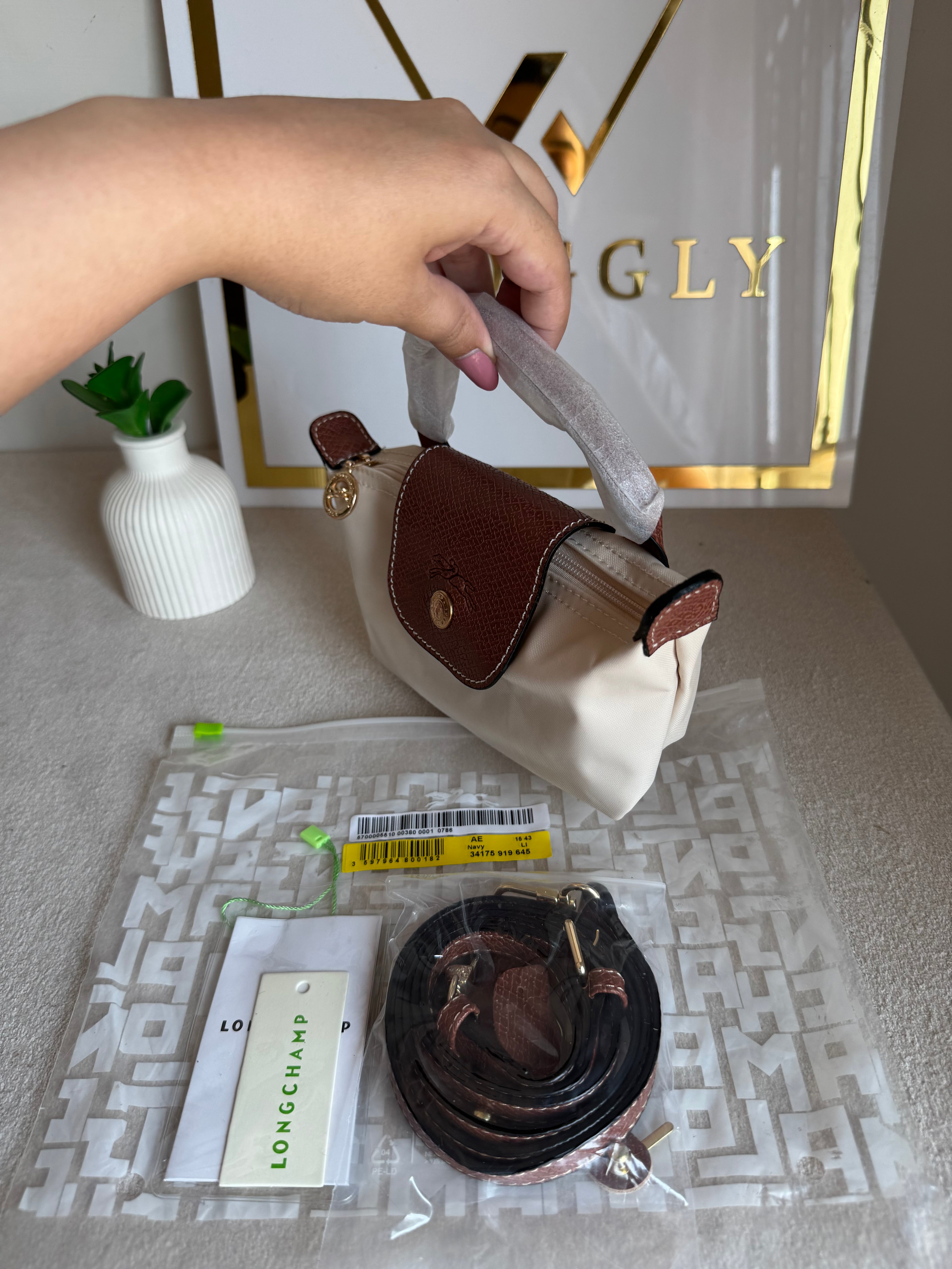 Premium LongChamp Crossbody Bag with Strap - Paper White (WITH BRAND LOGO)