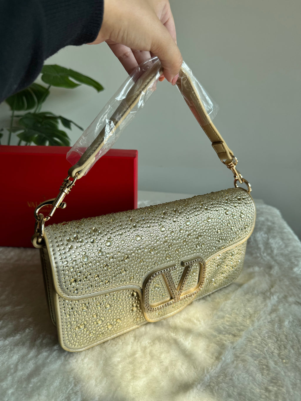 Valentino Loco Rhinestone PREMIUM Handbag with Box Packing - Champagne