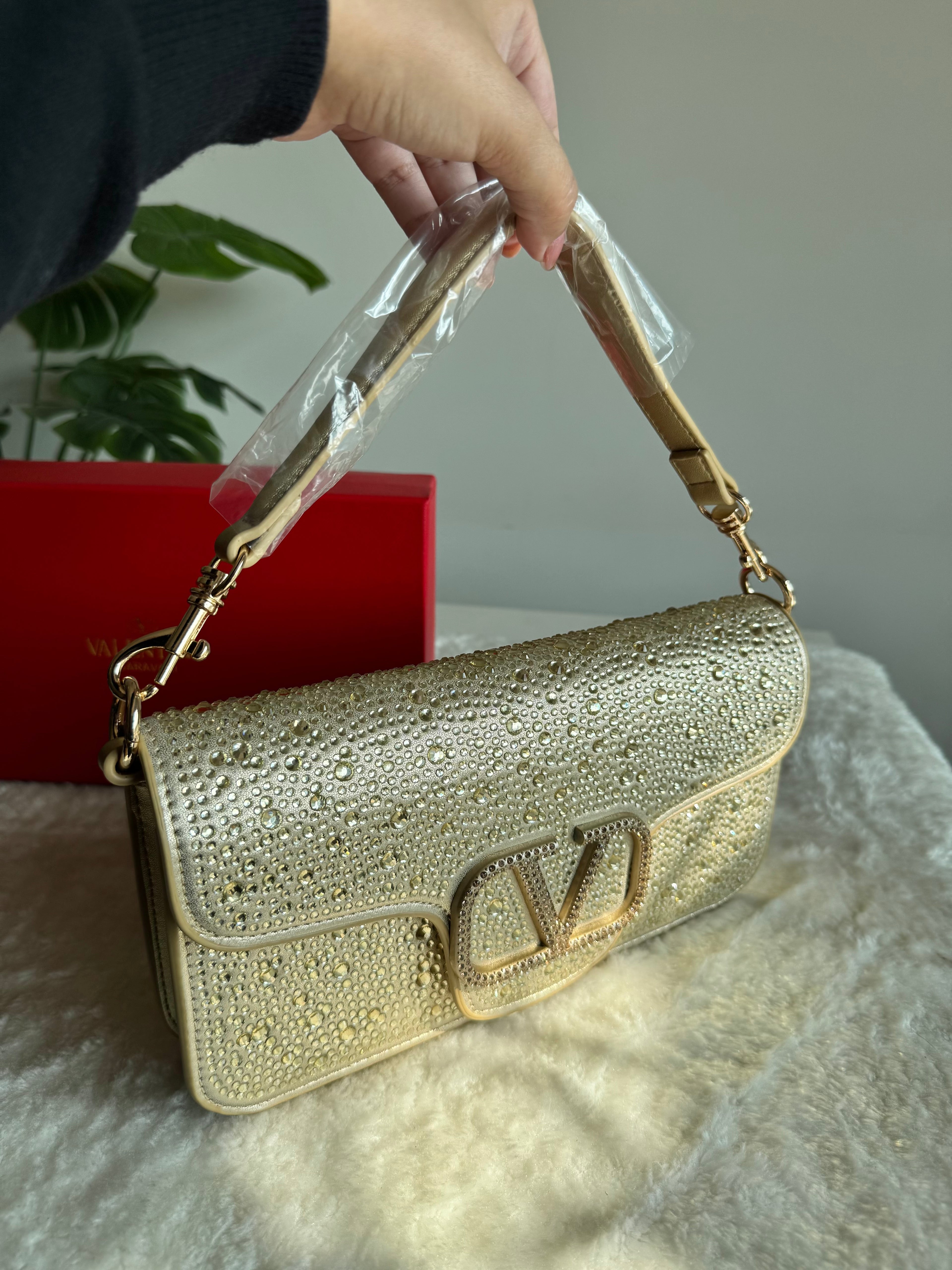Valentino Loco Rhinestone PREMIUM Handbag with Box Packing - Champagne