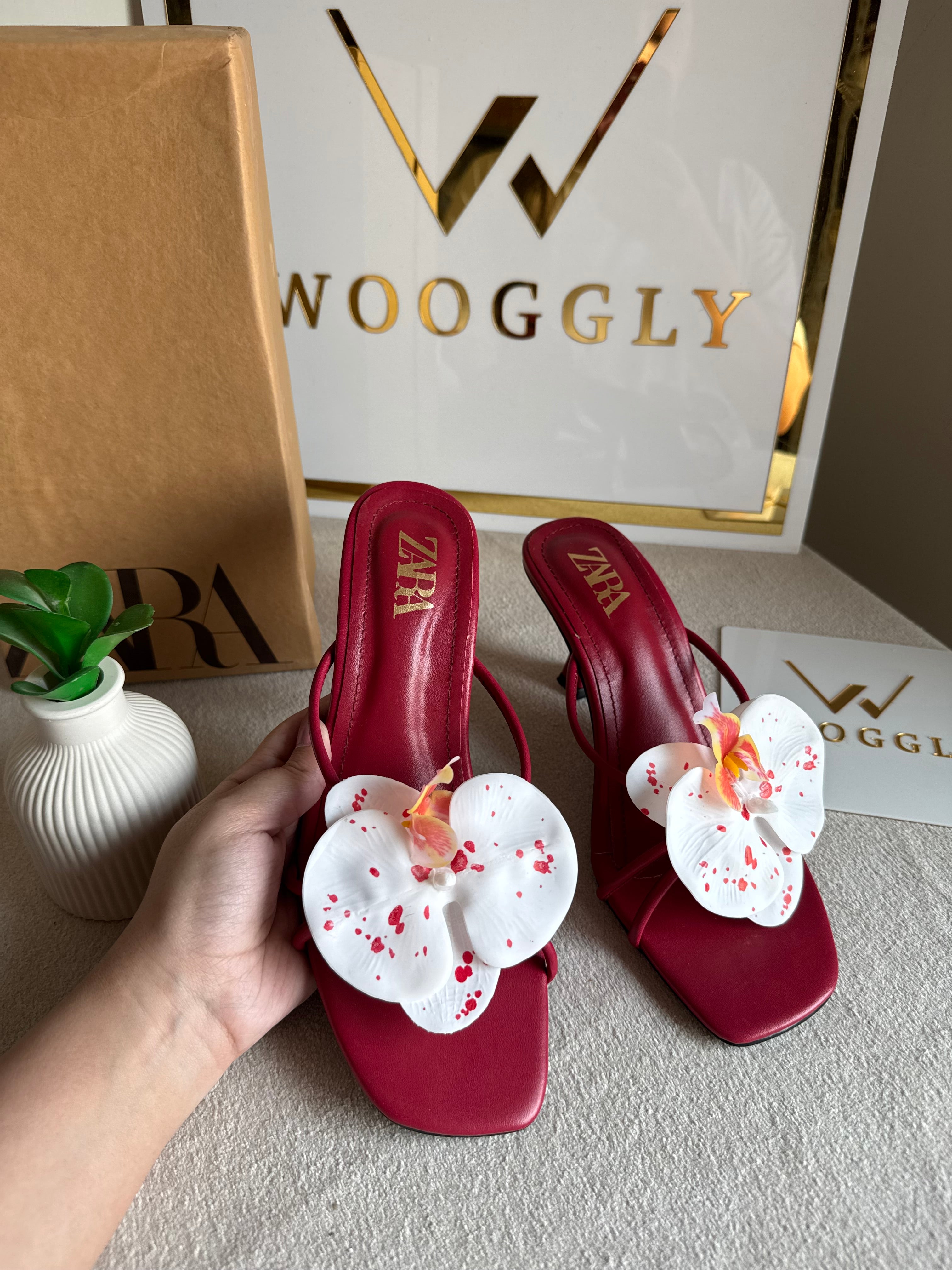 Zara Flower Heels MAROON - with Brand Box