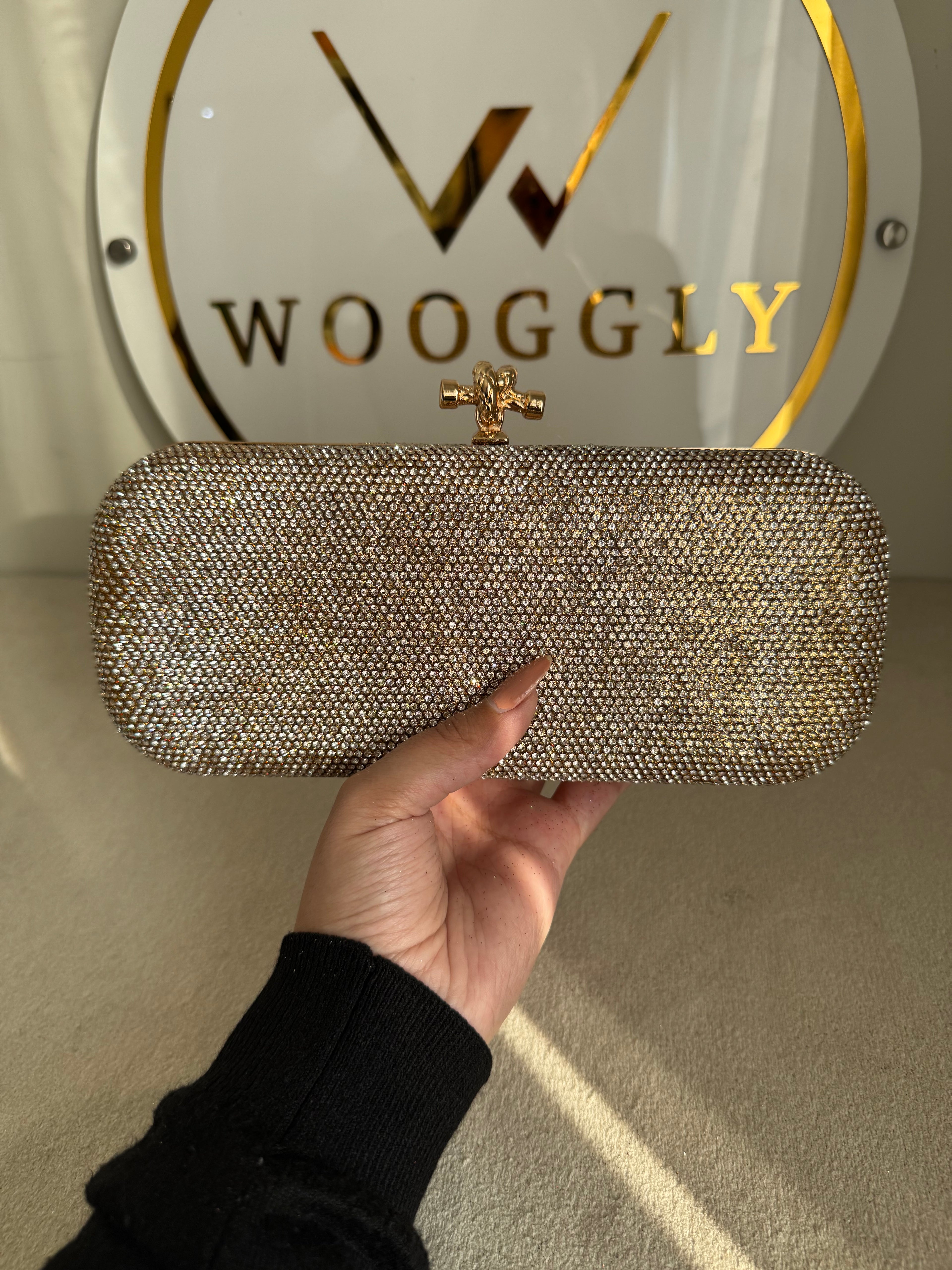 Bottega Shimmer Clutch - Rose Gold with Chain