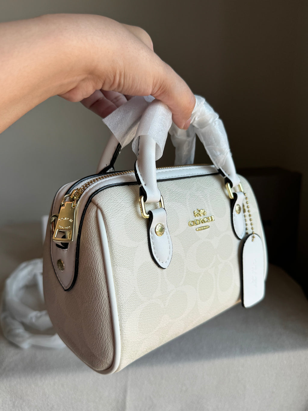 COACH Mini Duffle Bag PREMIUM with Long Strap Signature White - BOX PACKING