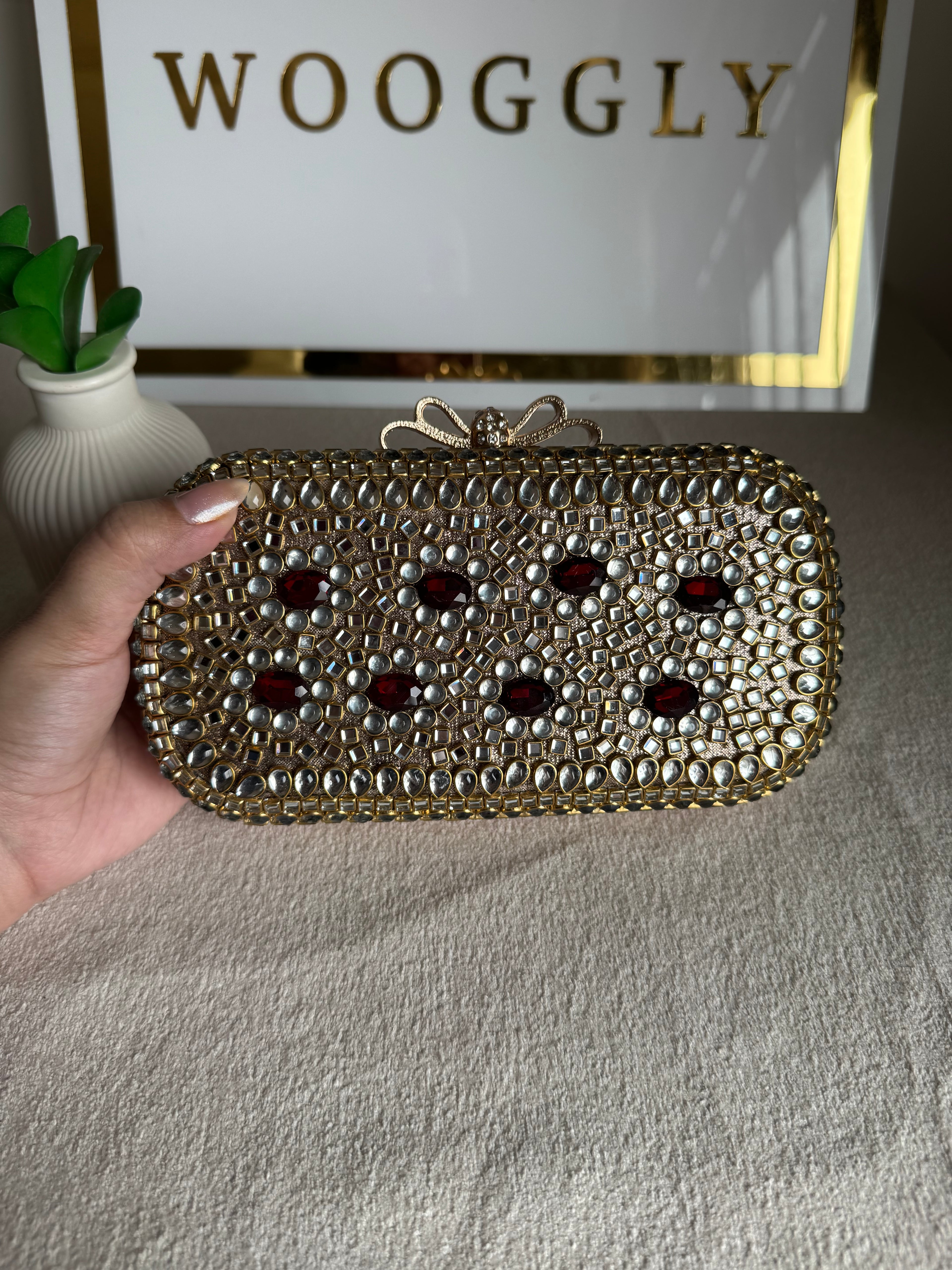 Kundan Stone Clutch - Maroon Stones