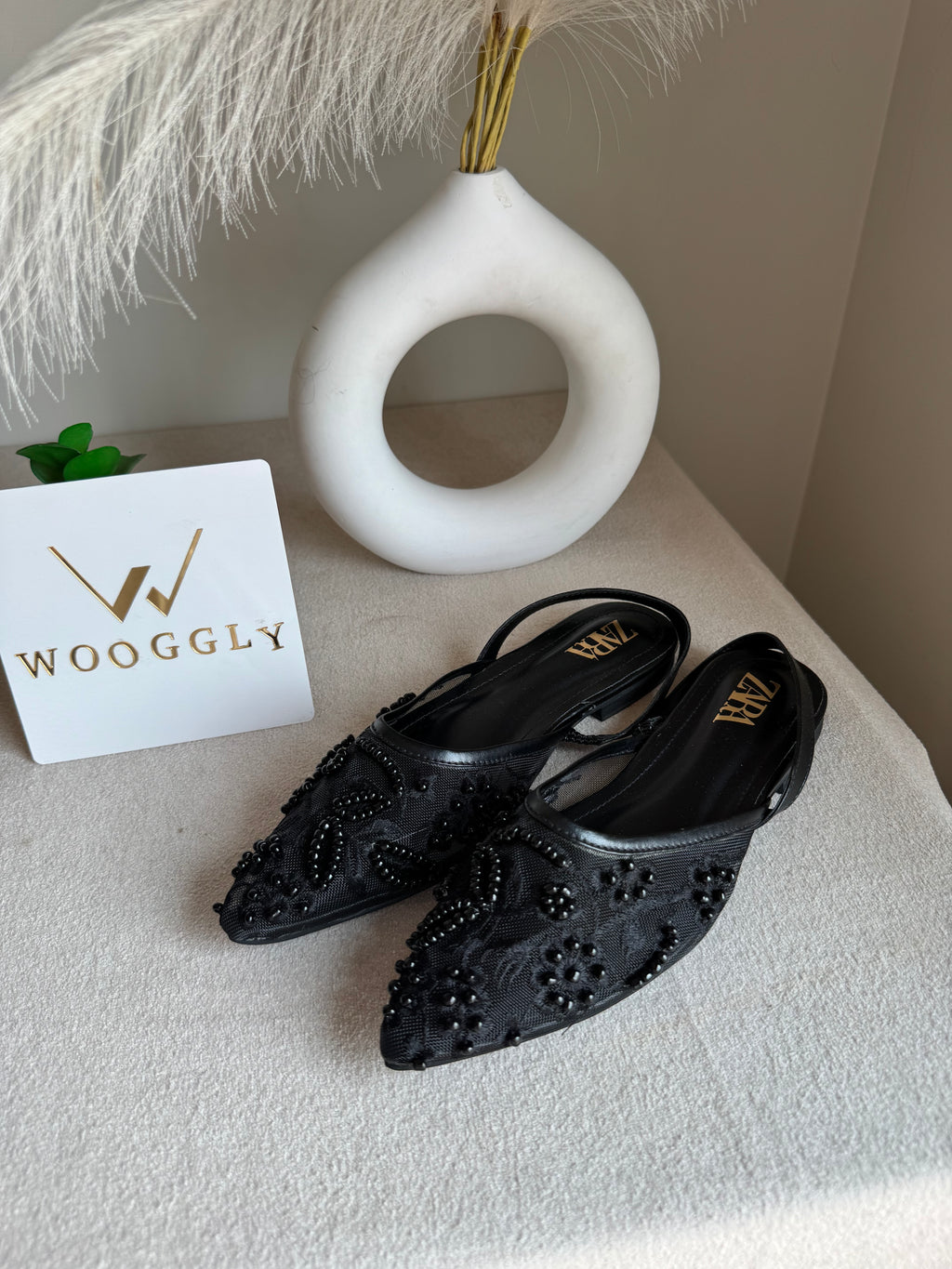 Zara Embroidered Mesh Slingback Flats  - Black