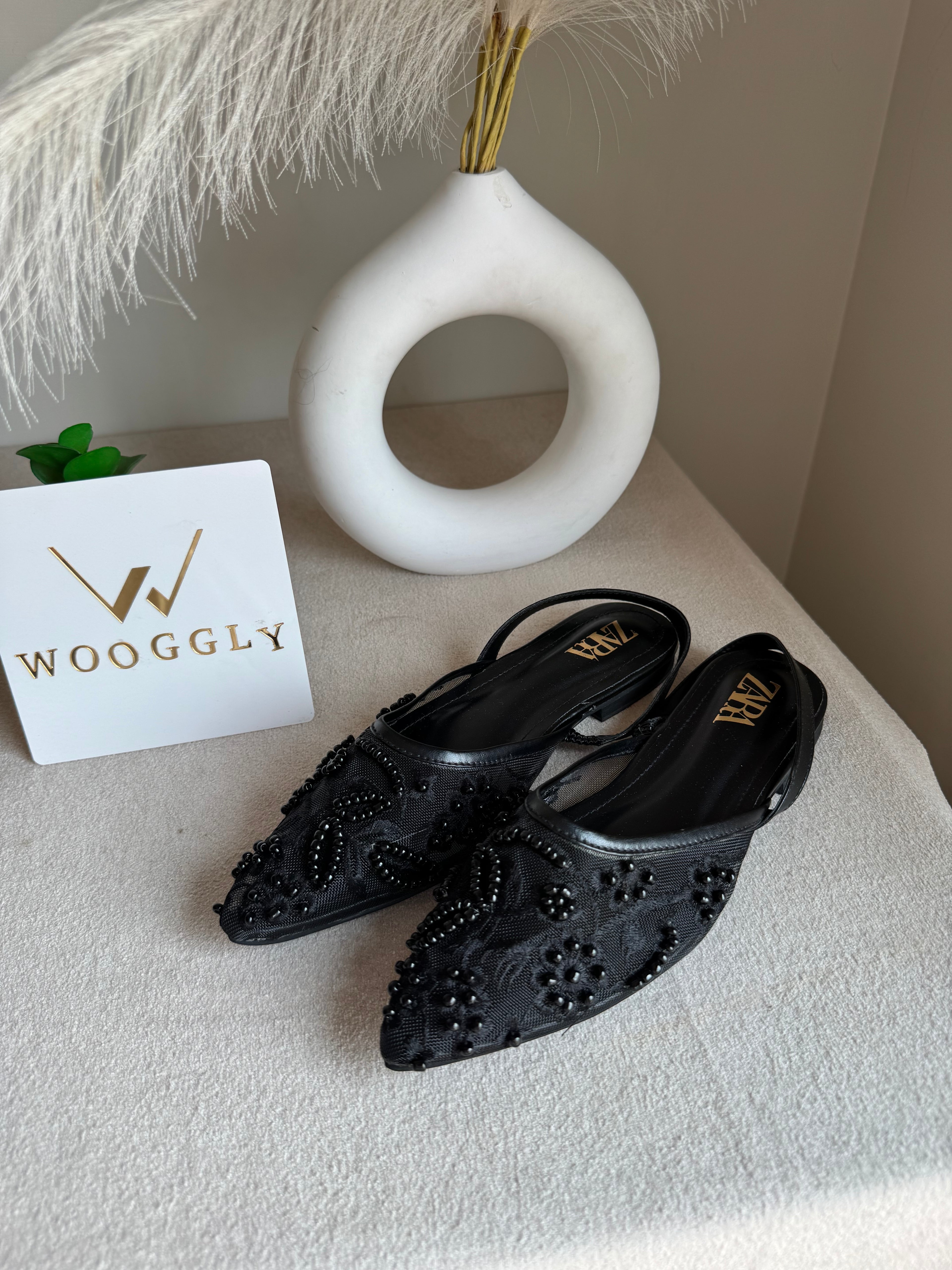 Zara Embroidered Mesh Slingback Flats  - Black