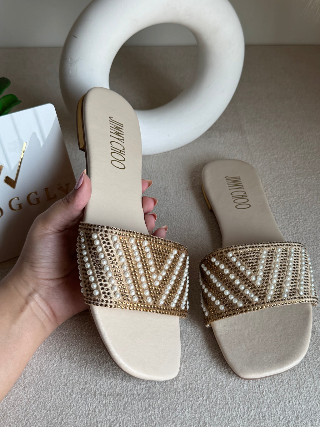 Jimmy Choo Glam Slides Beige with Pearl