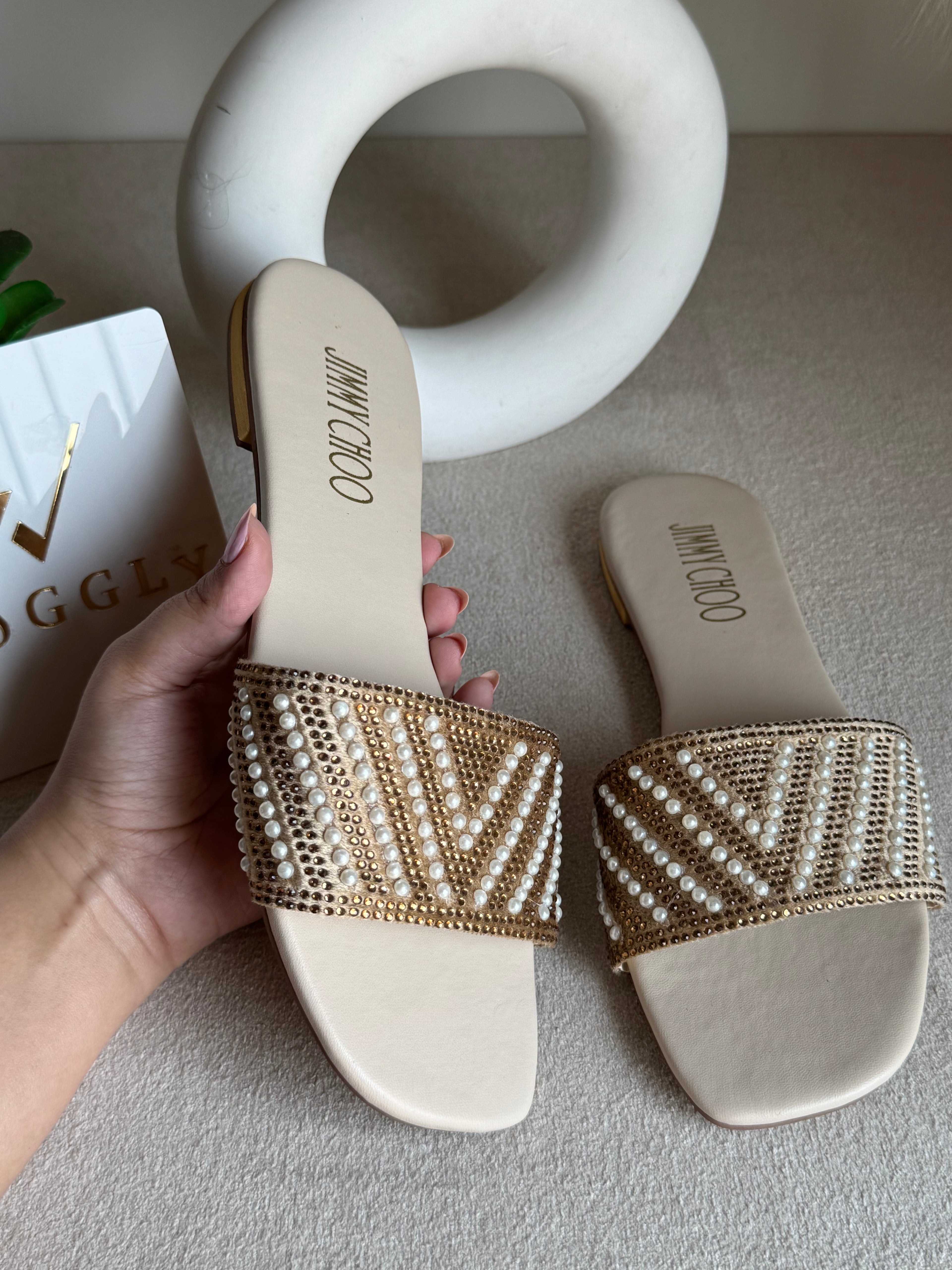 Jimmy Choo Glam Slides Beige with Pearl
