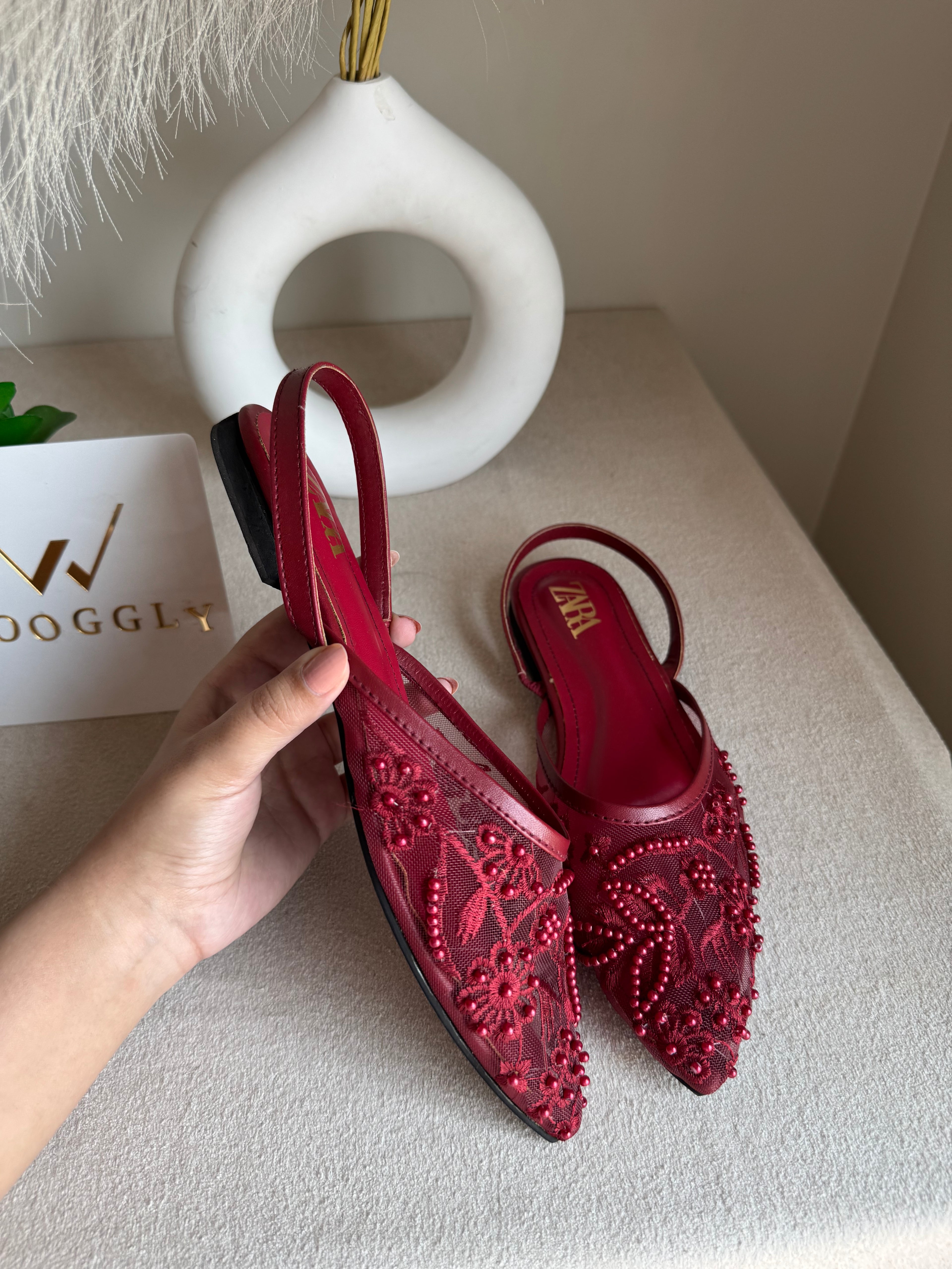 Zara Embroidered Mesh Slingback Flats  - Maroon