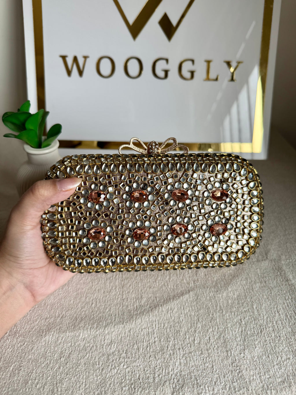 Kundan Stone Clutch - Rose Gold Stones