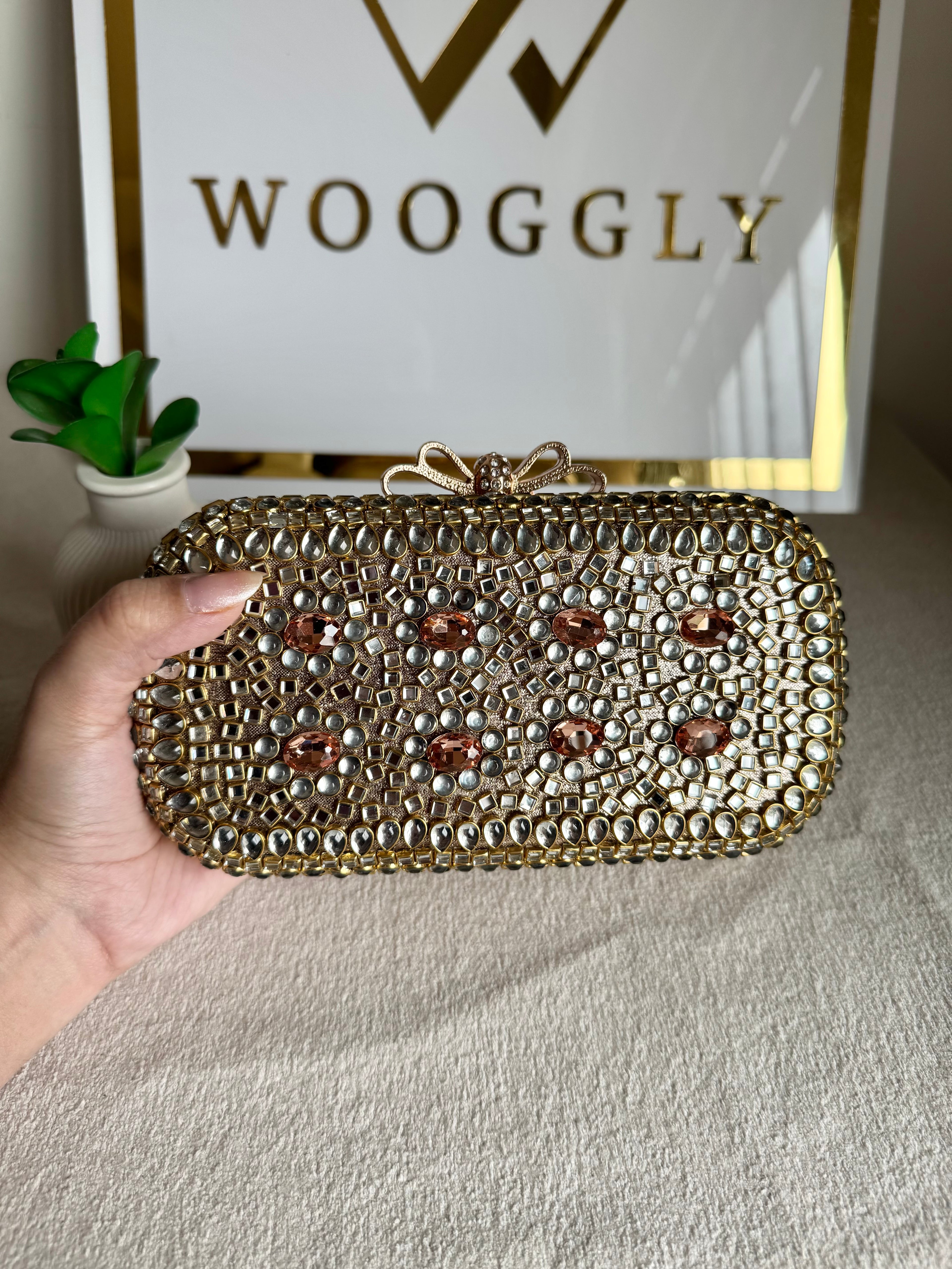 Kundan Stone Clutch - Rose Gold Stones