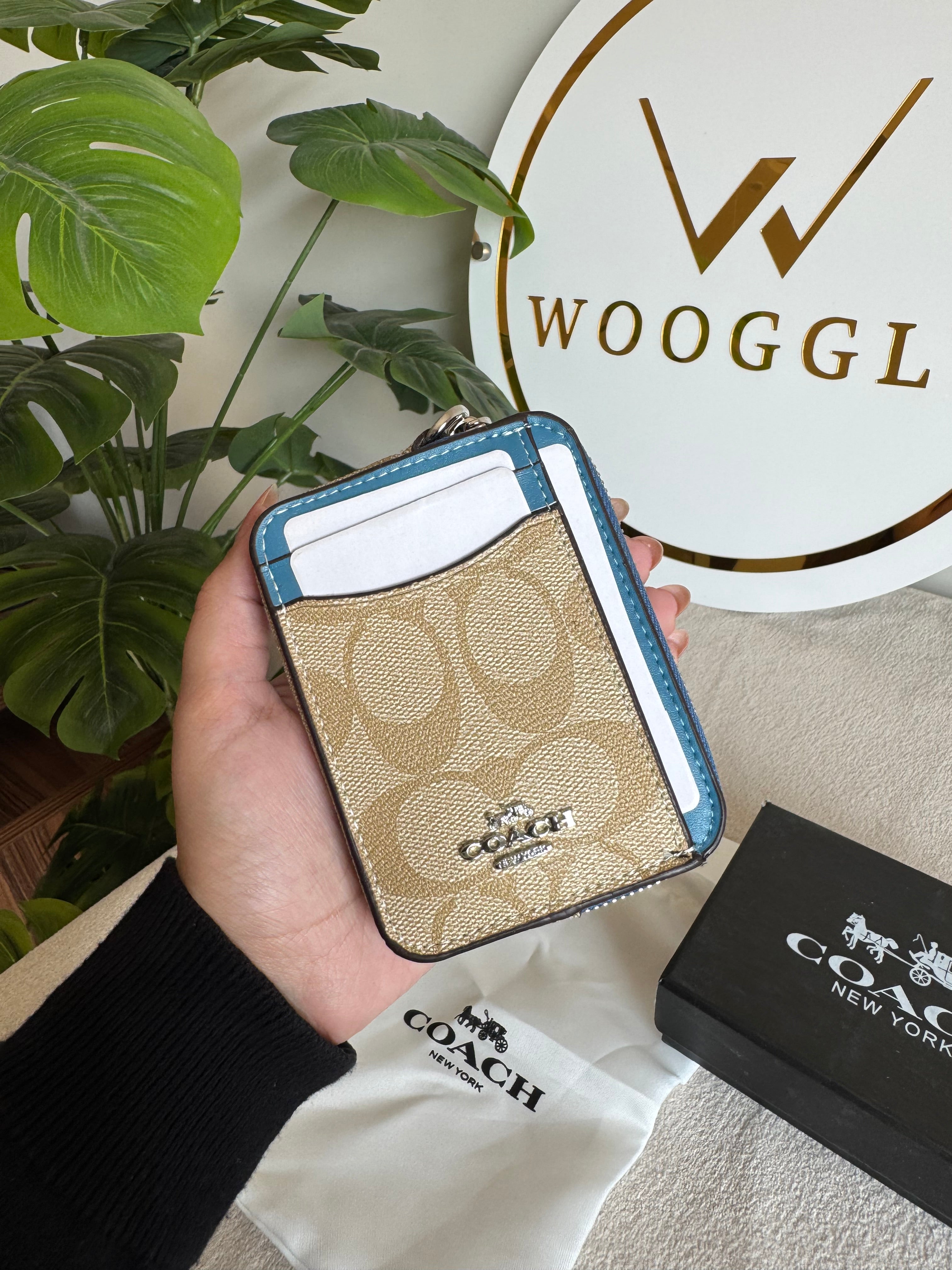 Coach Zip Card Case with Box Packing - Signature Beige with Blue