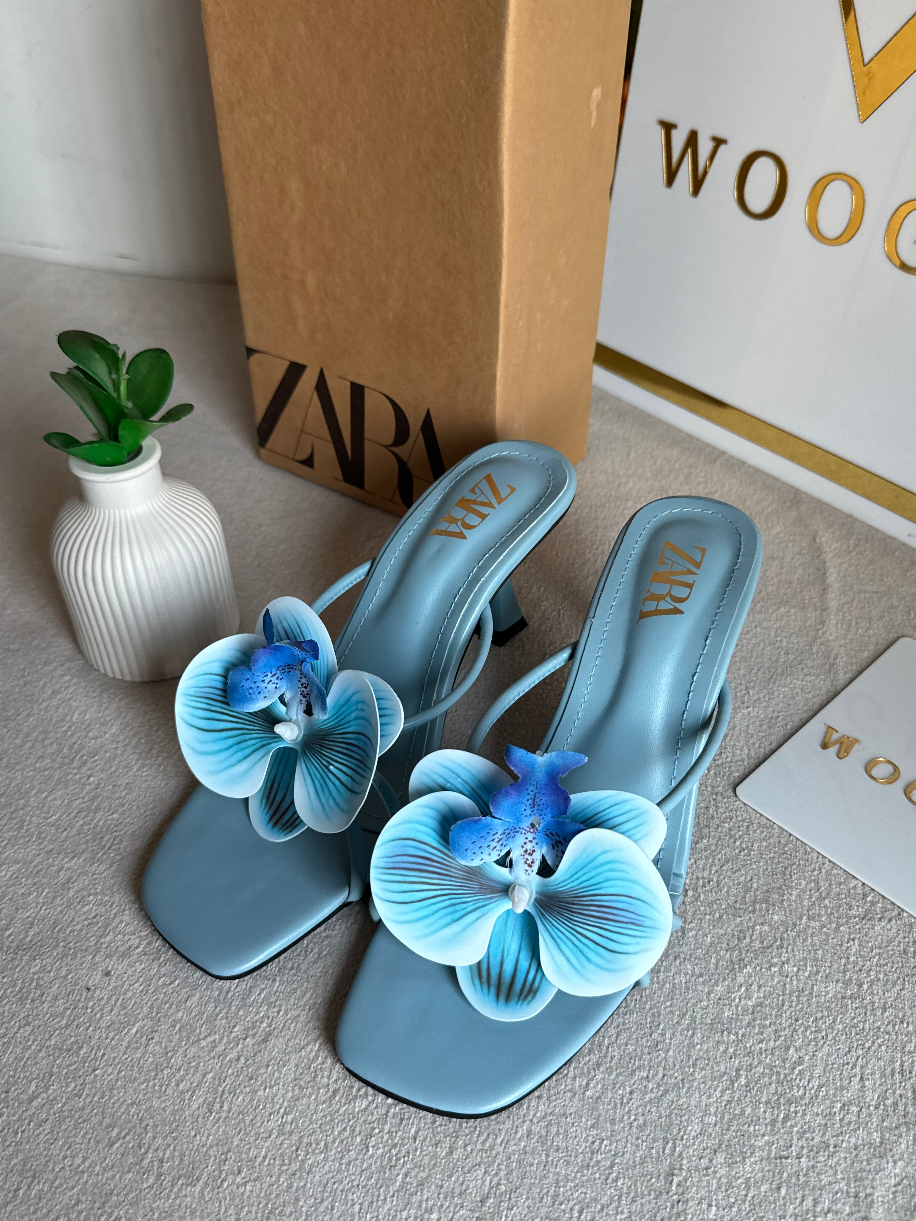 Zara Flower Heels BABY BLUE- with Brand Box