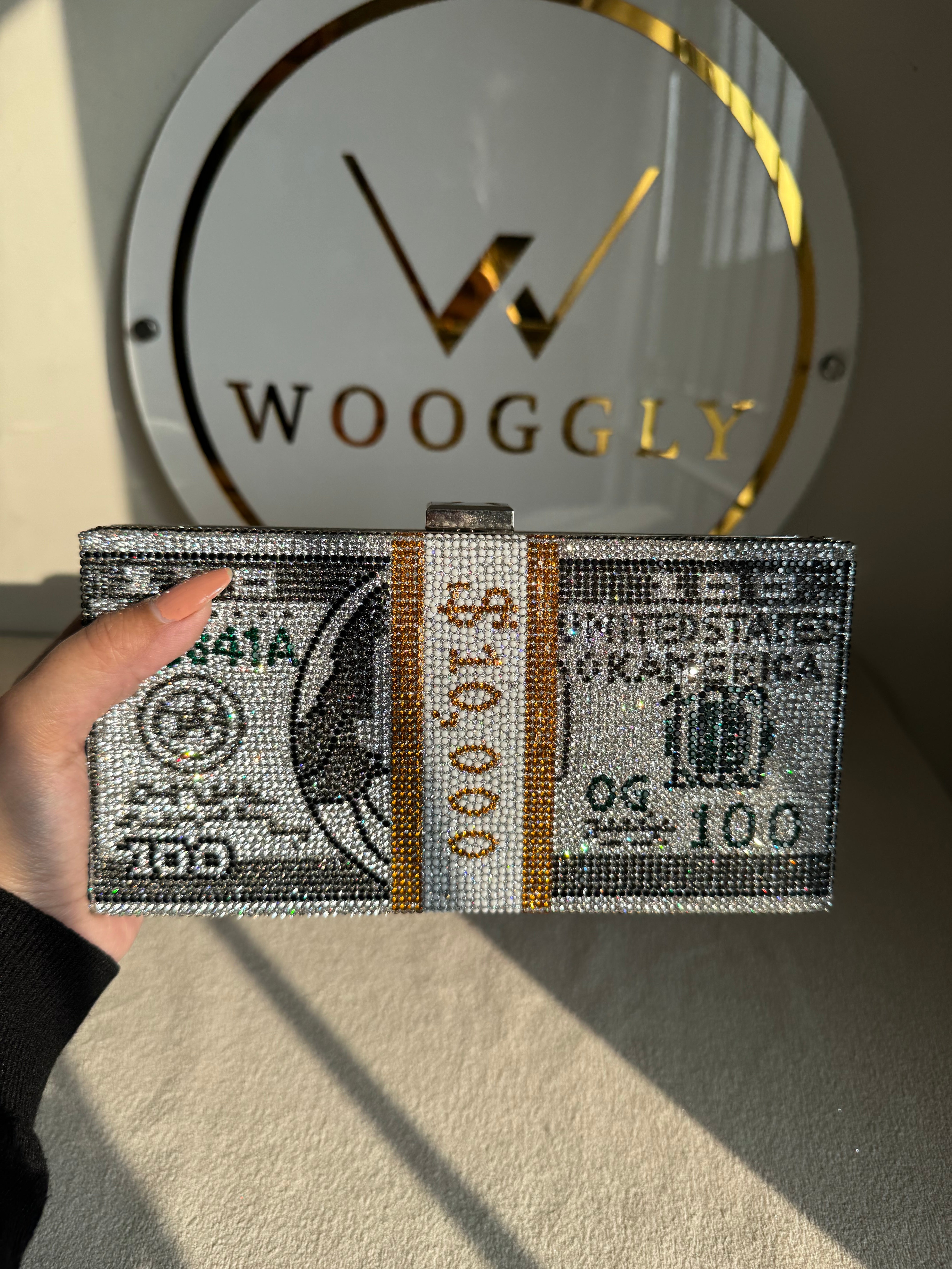 Premium Dollar Clutch - Silver with Chain