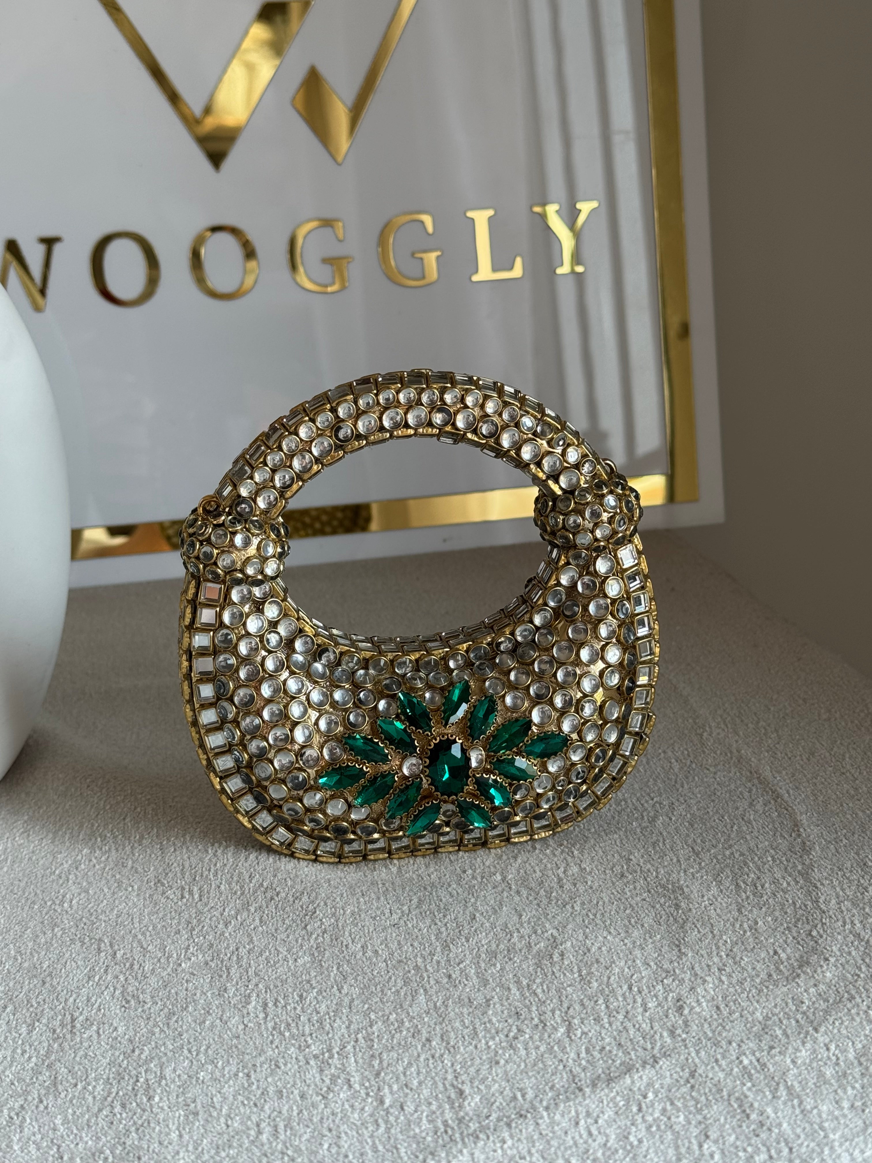 Kundan Classic Moon Clutch with Green Stone Embellishment