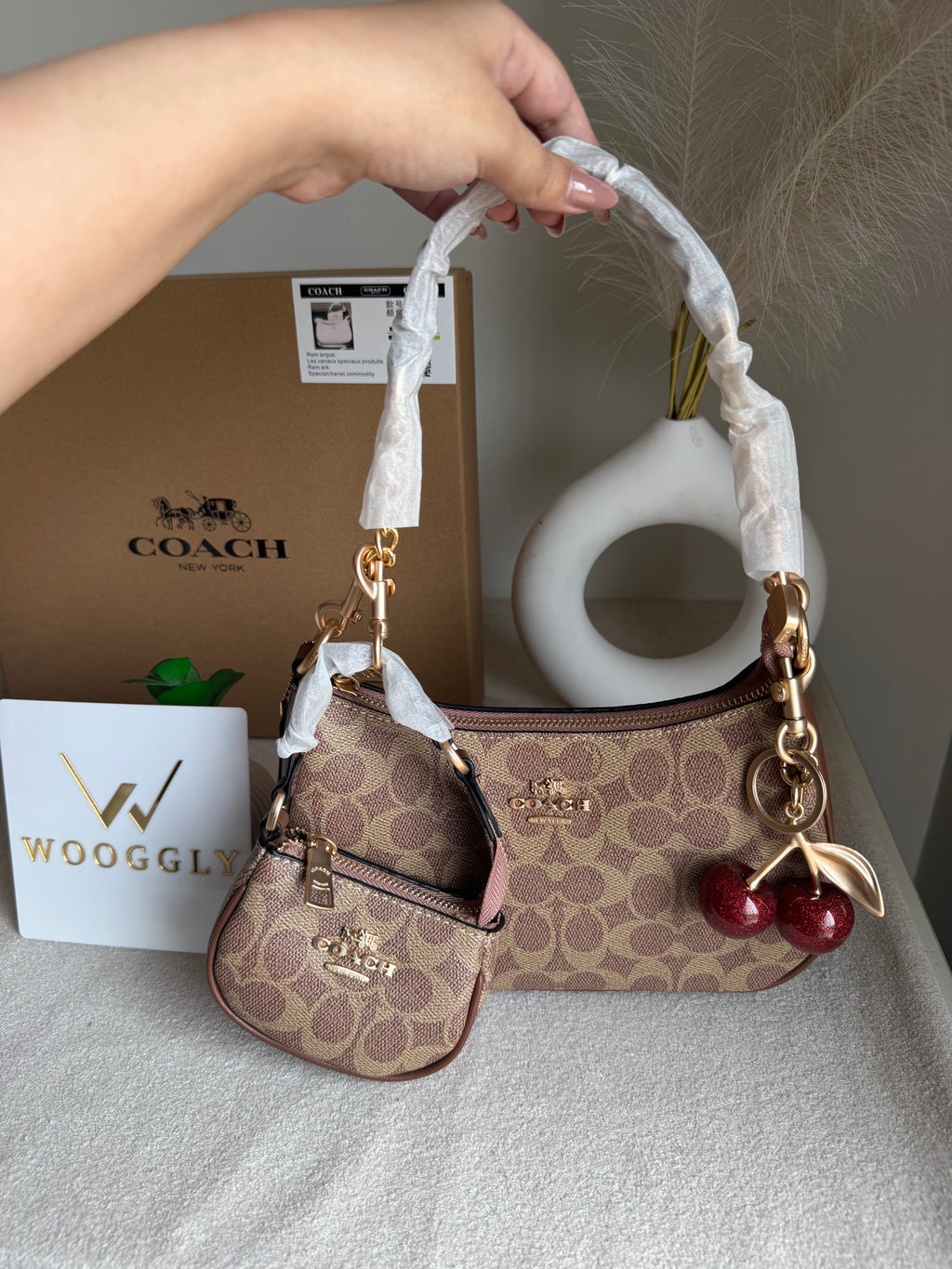 COACH Teri Gift Box with Baby Teri Charm & Coach Cherry Charm - Apricot Brown