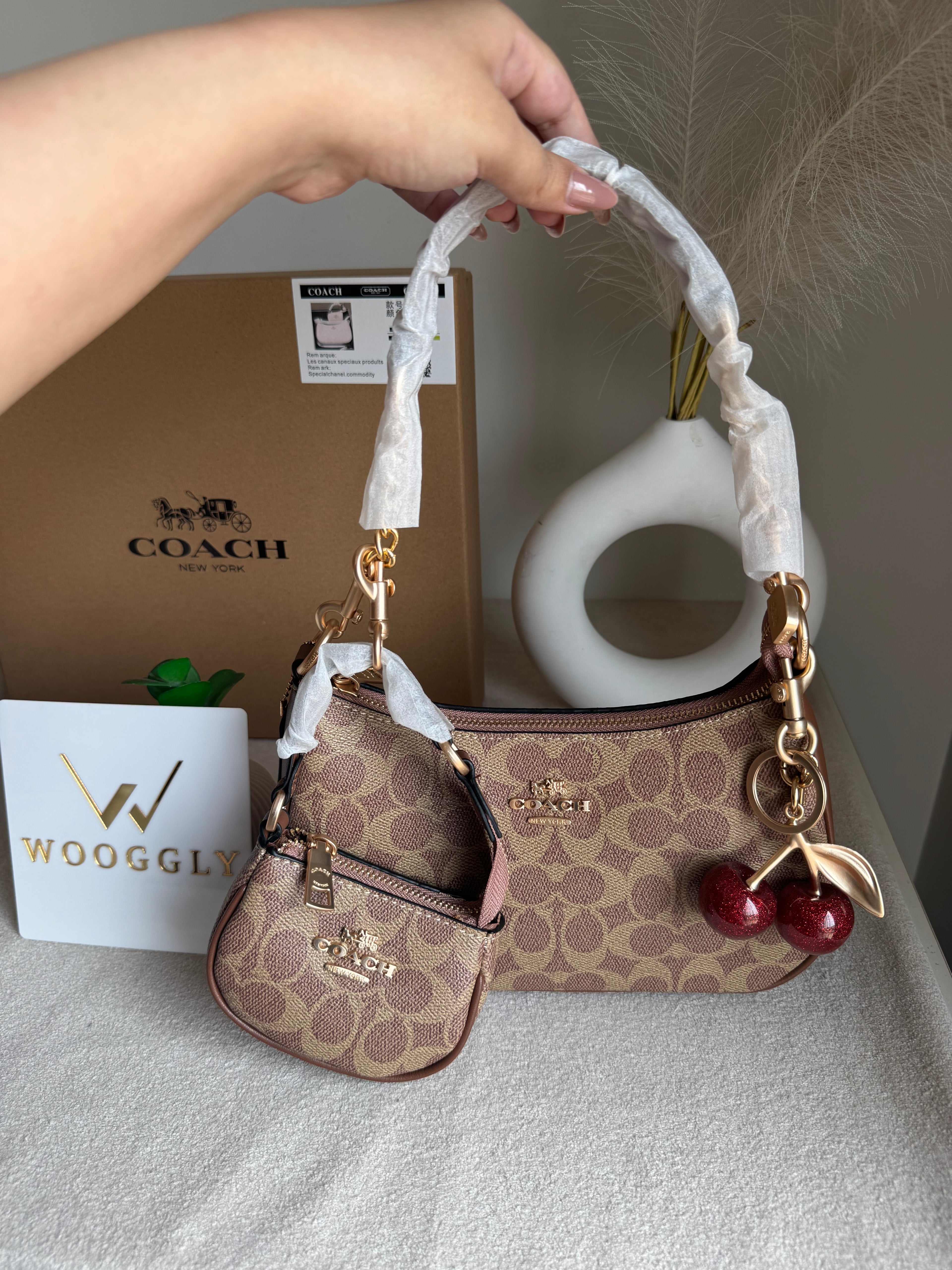 COACH Teri Gift Box with Baby Teri Charm & Coach Cherry Charm - Apricot Brown