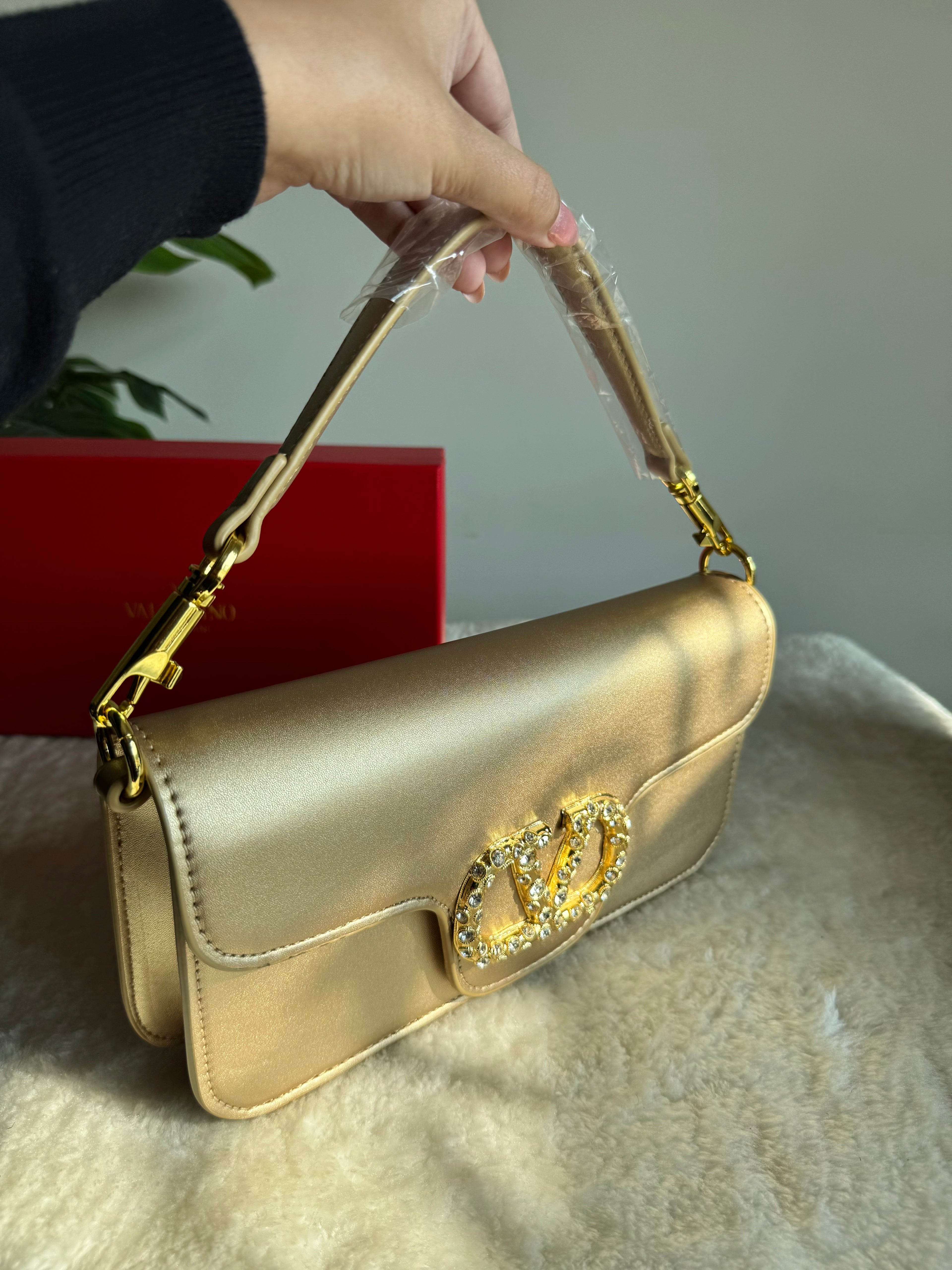 Valentino Loco with Jewel Logo PREMIUM Handbag with Box Packing - Champagne