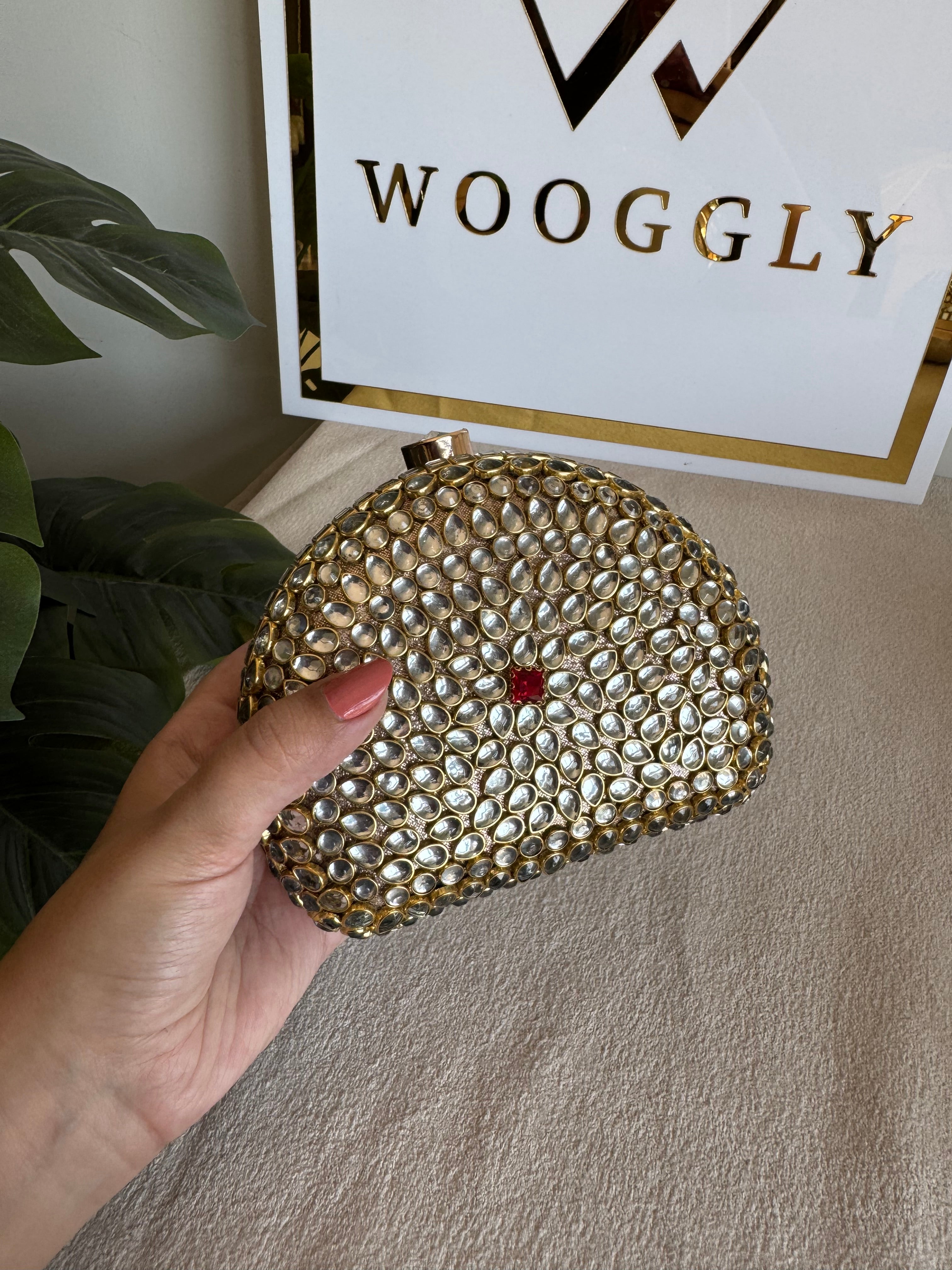 Afreen Kundan Clutch with Chain - Red Stone