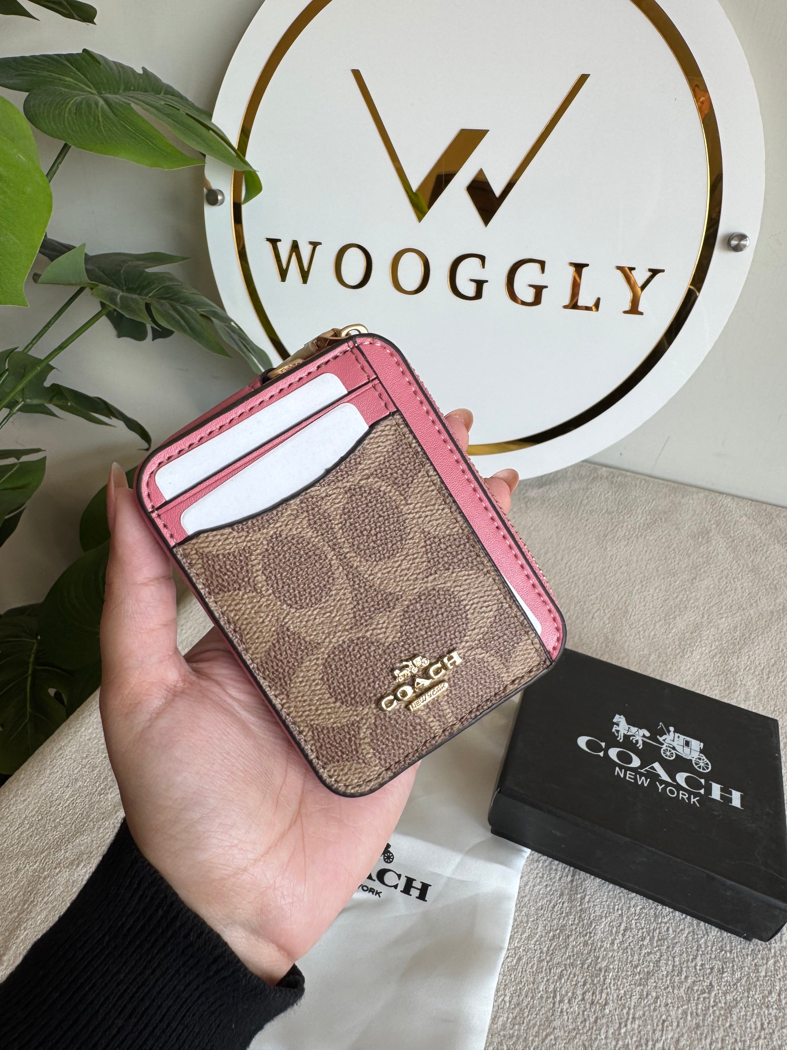 Coach Zip Card Case with Box Packing - Apricot Brown with Pink